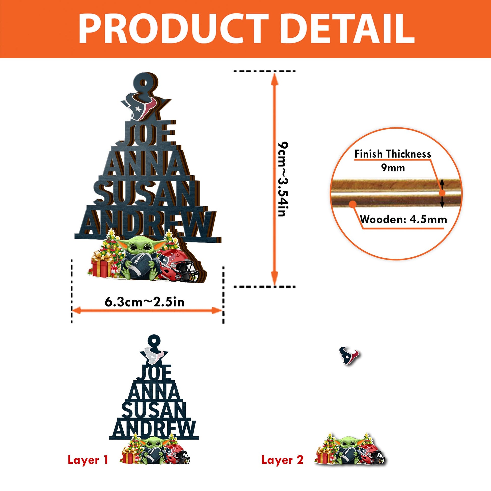 Houston Texans 2 Layered Piece Wooden Ornament Custom Your Name And Choose Your Number Of Names, Sport Home Decor, Ornament For Sport Lovers ETRG-52190