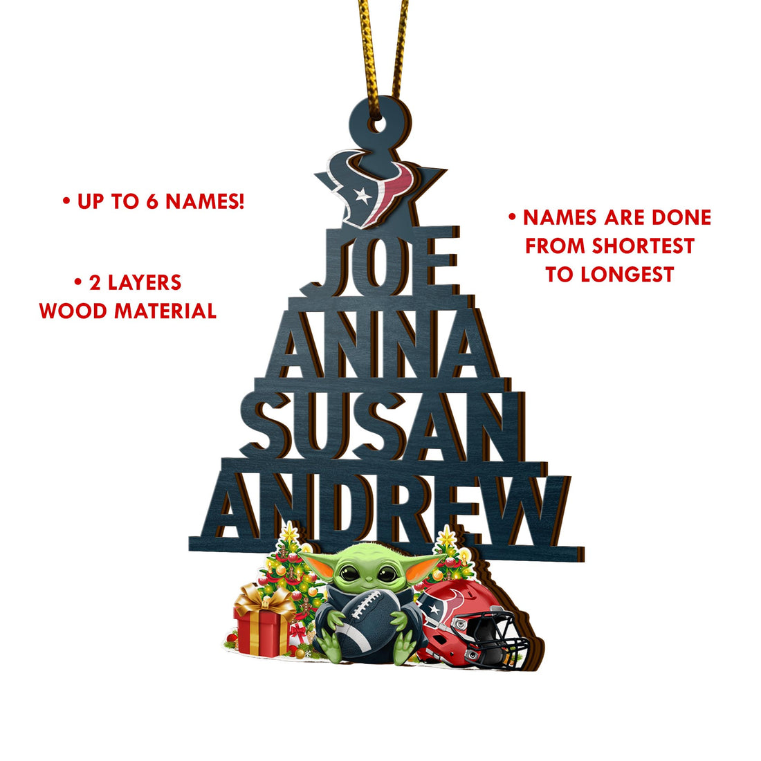 Houston Texans 2 Layered Piece Wooden Ornament Custom Your Name And Choose Your Number Of Names, Sport Home Decor, Ornament For Sport Lovers ETRG-52190