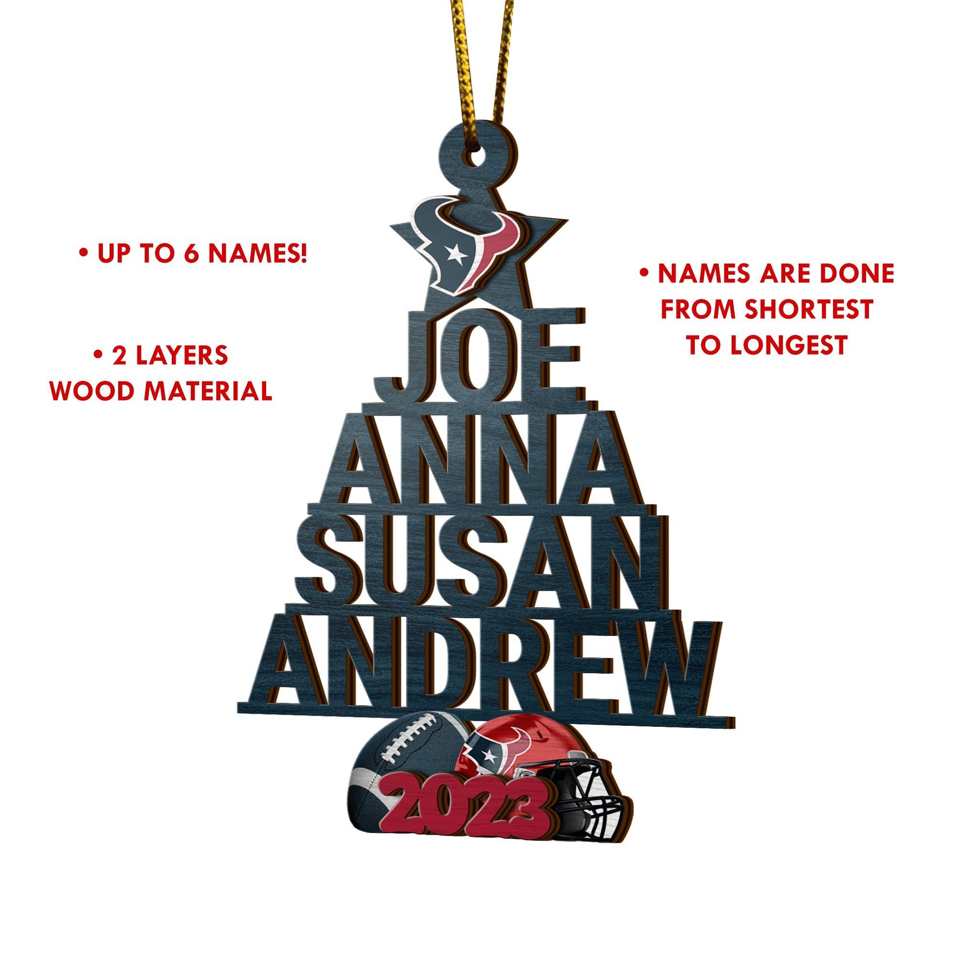 Houston Texans 3 Layered Piece Wooden Ornament Custom Names And Choose Number Of Names, Sport Team And Christmas Tree Ornament, Sport Gifts ETRG-51794