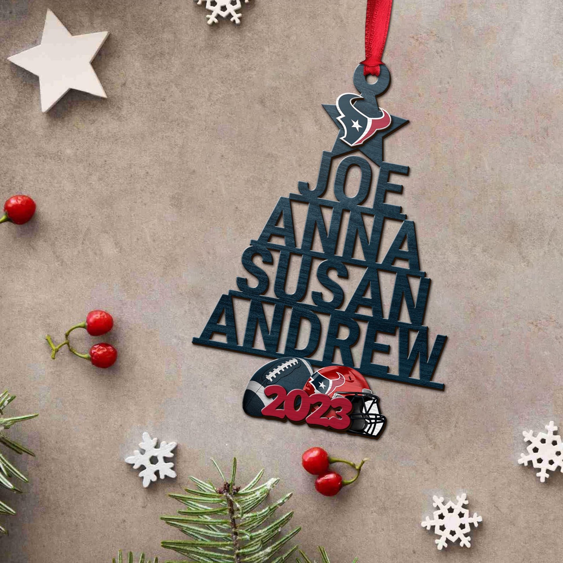 Houston Texans 3 Layered Piece Wooden Ornament Custom Names And Choose Number Of Names, Sport Team And Christmas Tree Ornament, Sport Gifts ETRG-51794