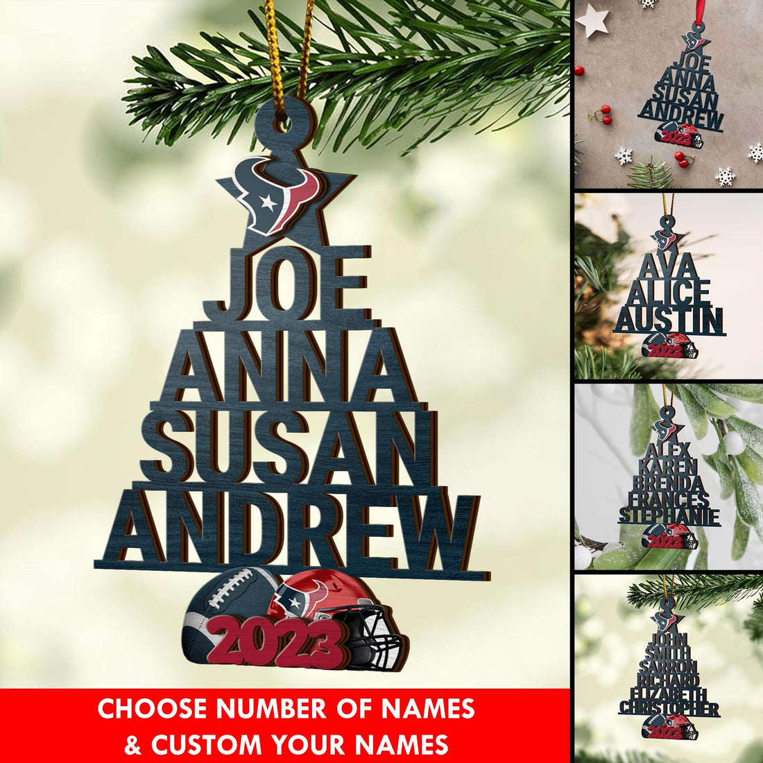 Houston Texans 3 Layered Piece Wooden Ornament Custom Names And Choose Number Of Names, Sport Team And Christmas Tree Ornament, Sport Gifts ETRG-51794