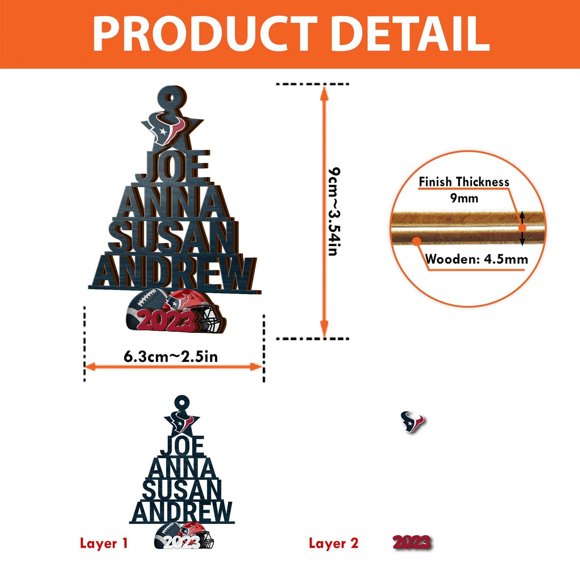 Houston Texans 3 Layered Piece Wooden Ornament Custom Names And Choose Number Of Names, Sport Team And Christmas Tree Ornament, Sport Gifts ETRG-51794