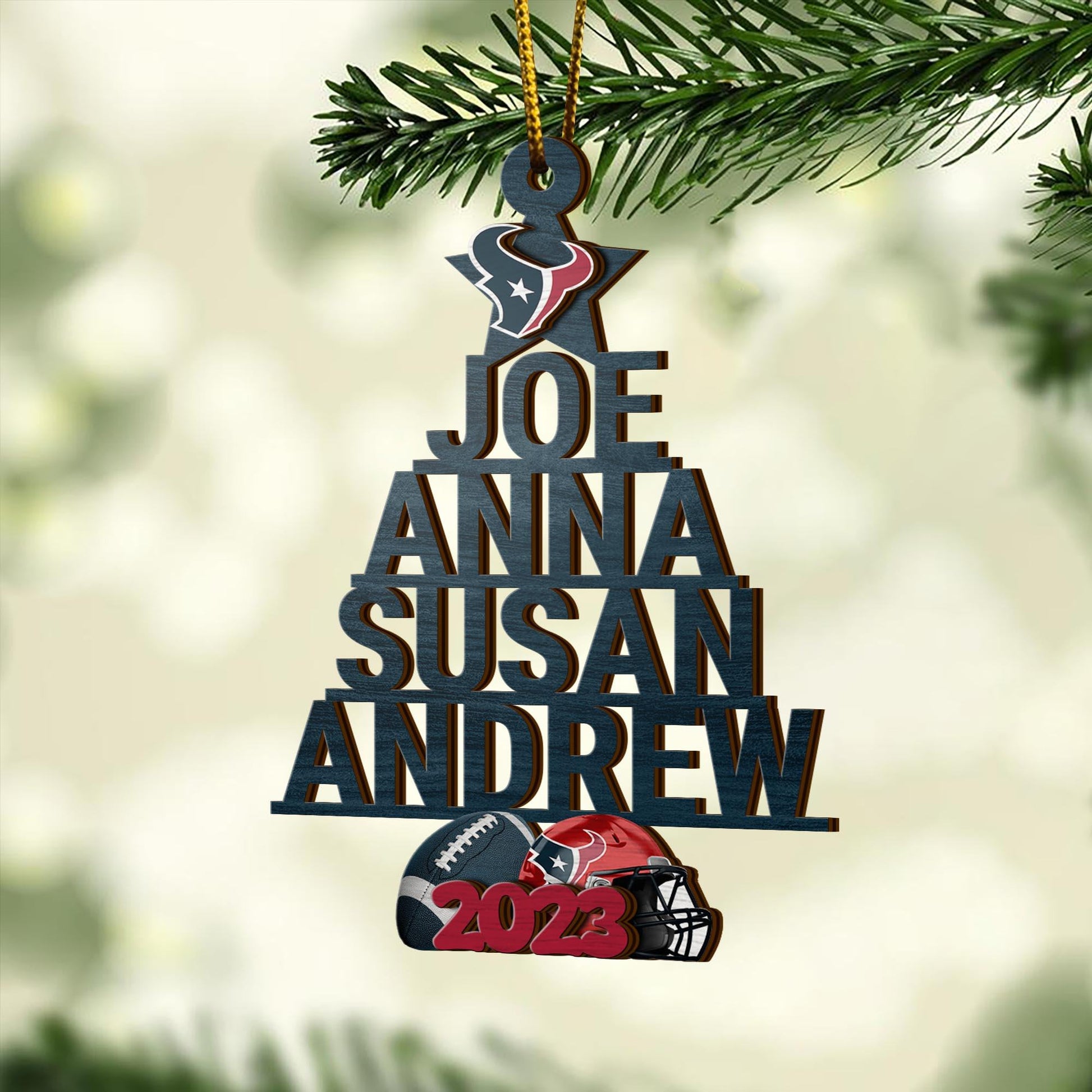 Houston Texans 3 Layered Piece Wooden Ornament Custom Names And Choose Number Of Names, Sport Team And Christmas Tree Ornament, Sport Gifts ETRG-51794