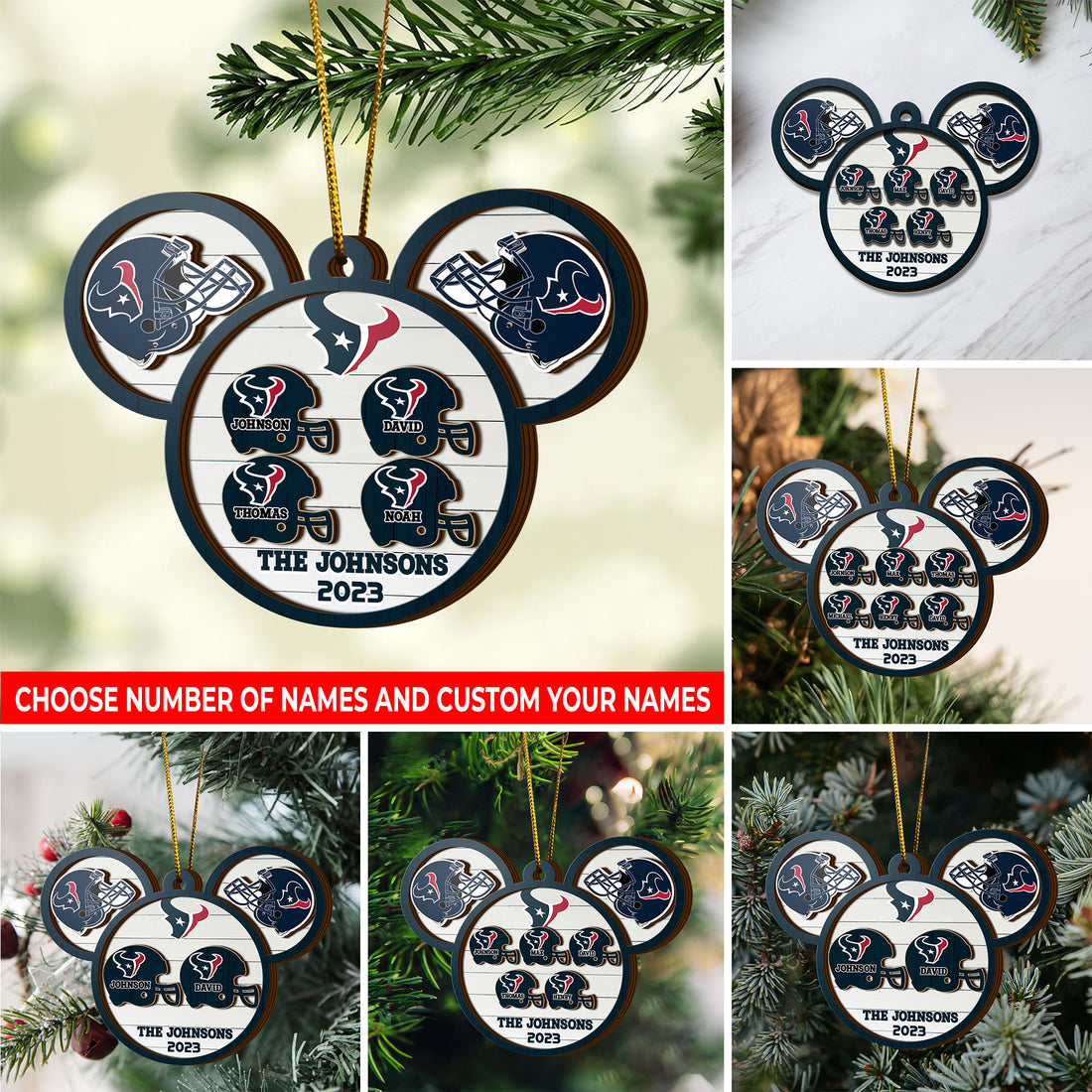 Houston Texans 3 Layered Piece Wooden Ornament Custom Your Family Name And Choose Your Number Of Names, Sport Decorations, Ornament For Sport Lover ETRG-52267