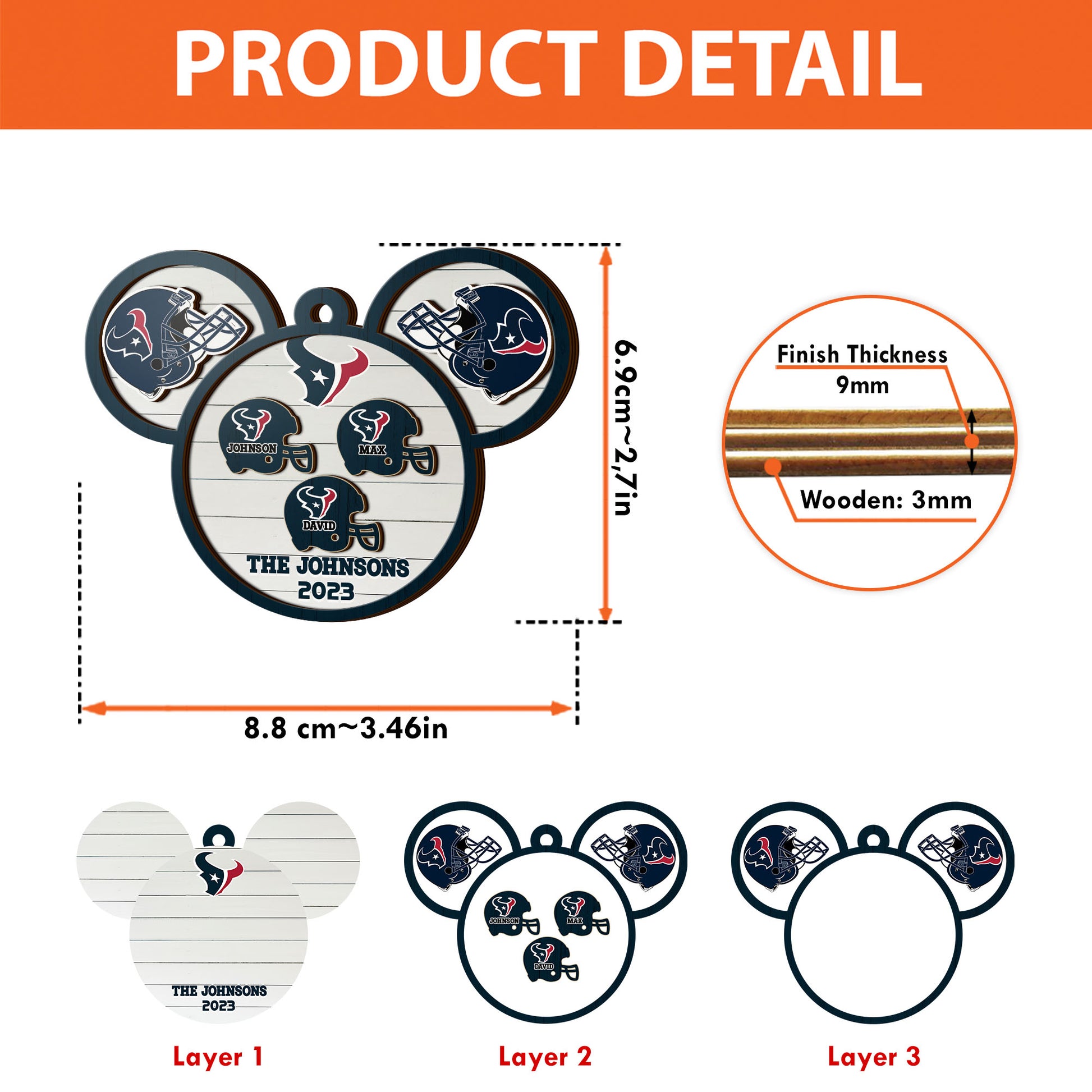 Houston Texans 3 Layered Piece Wooden Ornament Custom Your Family Name And Choose Your Number Of Names, Sport Decorations, Ornament For Sport Lover ETRG-52267