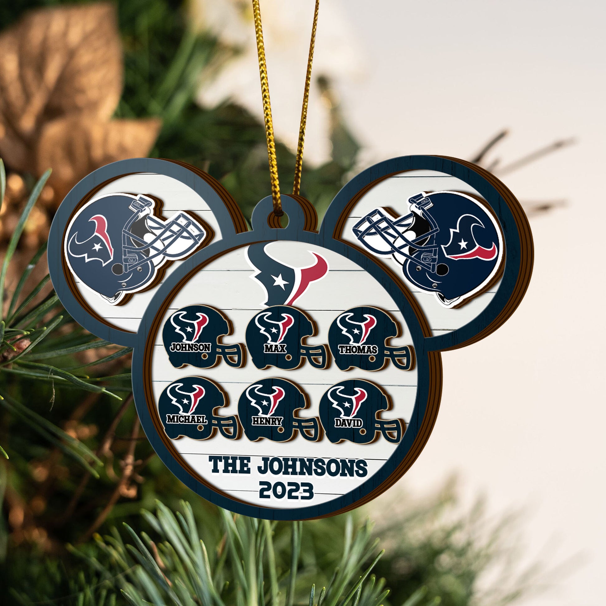 Houston Texans 3 Layered Piece Wooden Ornament Custom Your Family Name And Choose Your Number Of Names, Sport Decorations, Ornament For Sport Lover ETRG-52267