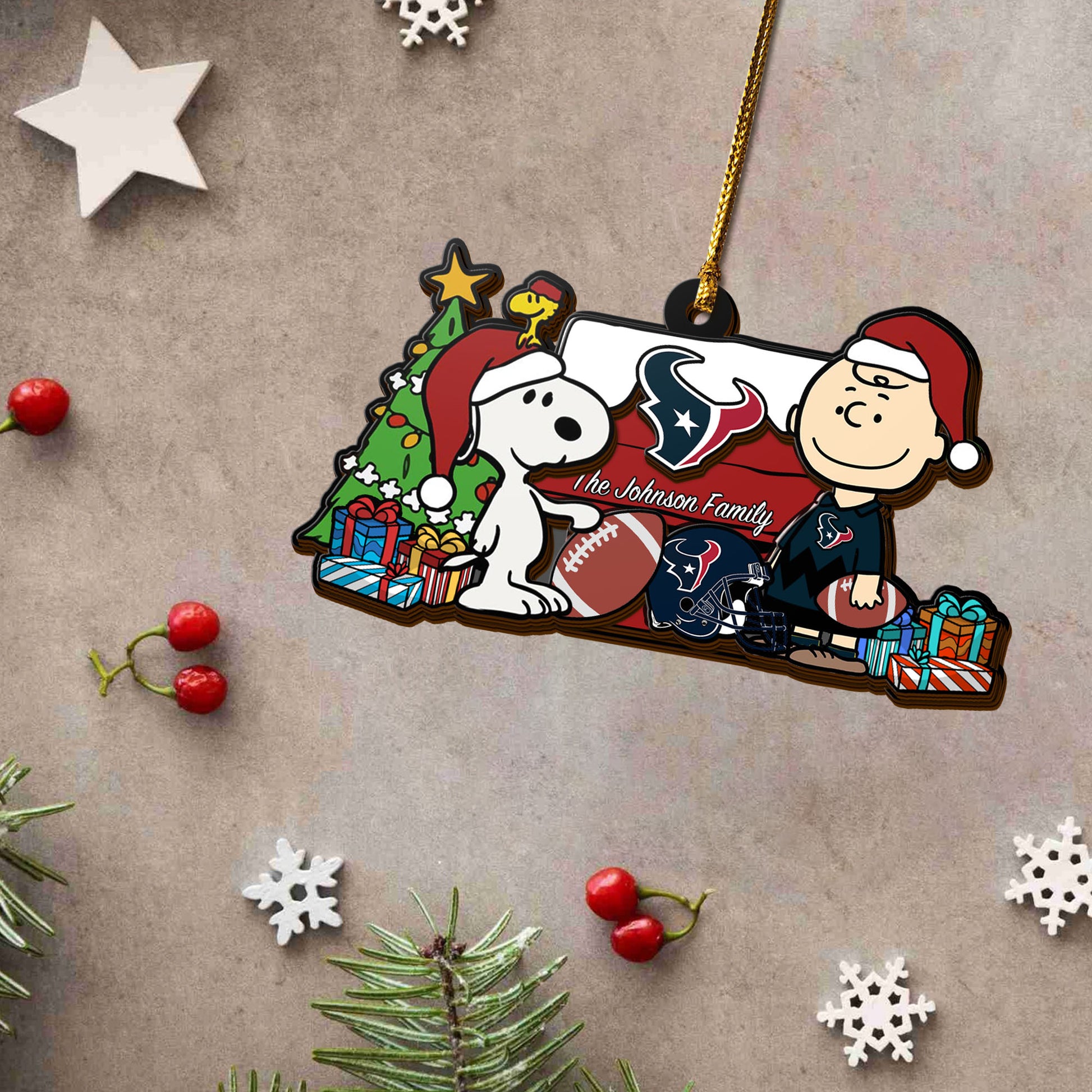 Houston Texans 3 Layered Piece Wooden Ornament Custom Your Family Name, SN And Charlie Brown Ornament, Gift For Sport Lovers, Sport Hanging Decorations EHIVM-52349