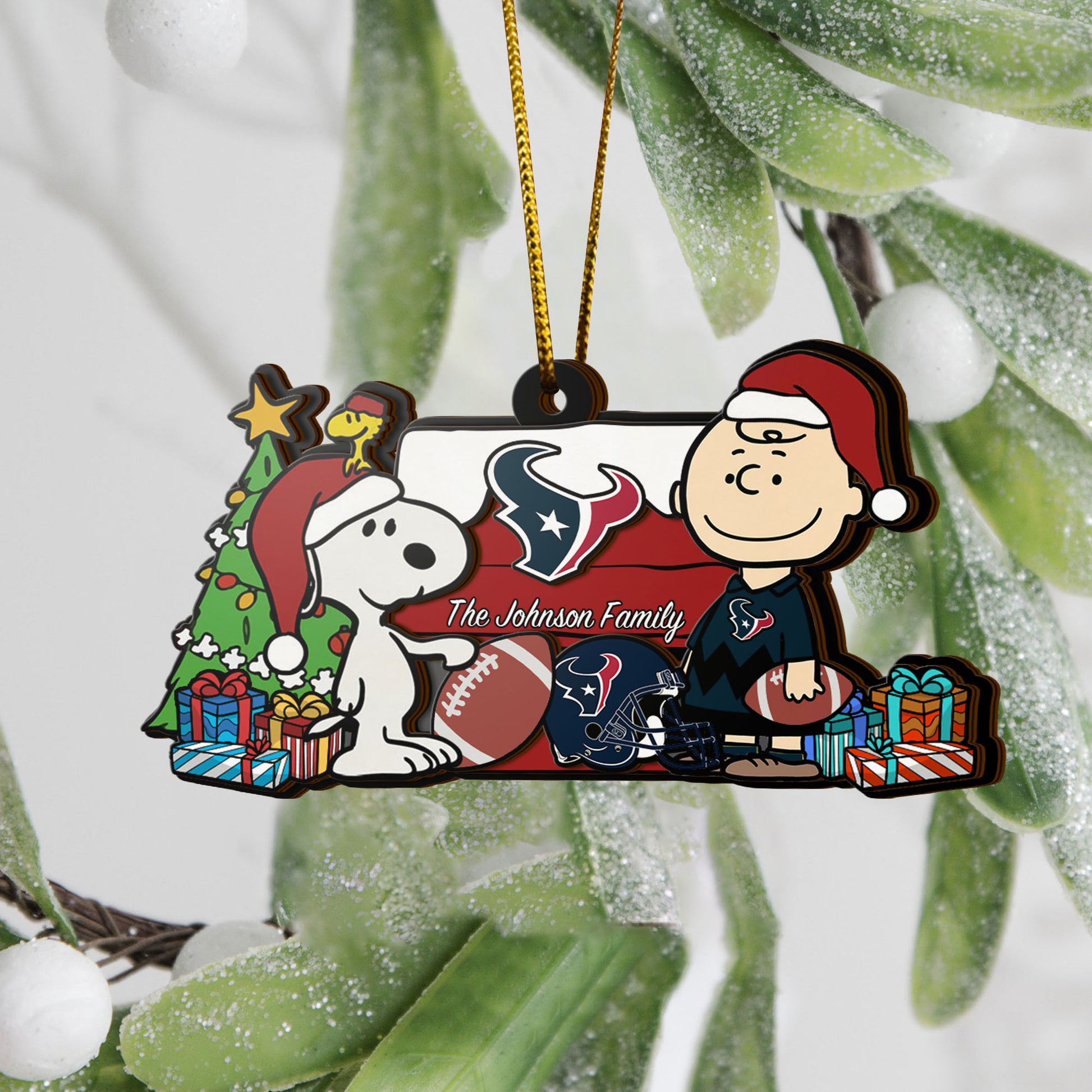 Houston Texans 3 Layered Piece Wooden Ornament Custom Your Family Name, SN And Charlie Brown Ornament, Gift For Sport Lovers, Sport Hanging Decorations EHIVM-52349