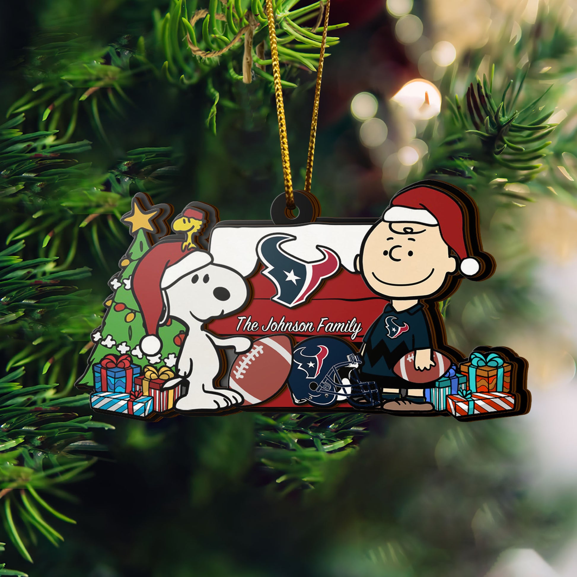 Houston Texans 3 Layered Piece Wooden Ornament Custom Your Family Name, SN And Charlie Brown Ornament, Gift For Sport Lovers, Sport Hanging Decorations EHIVM-52349