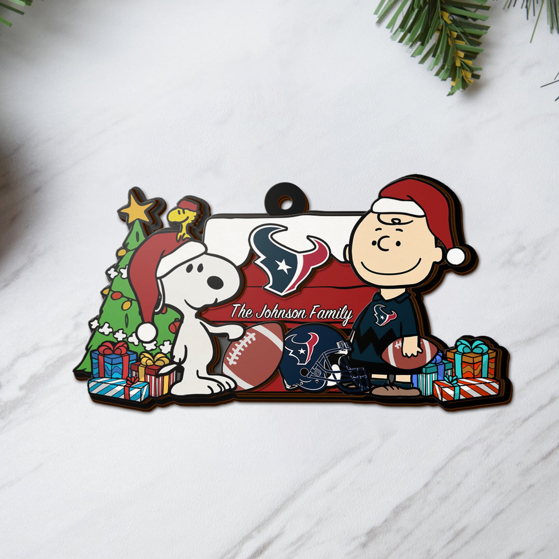 Houston Texans 3 Layered Piece Wooden Ornament Custom Your Family Name, SN And Charlie Brown Ornament, Gift For Sport Lovers, Sport Hanging Decorations EHIVM-52349