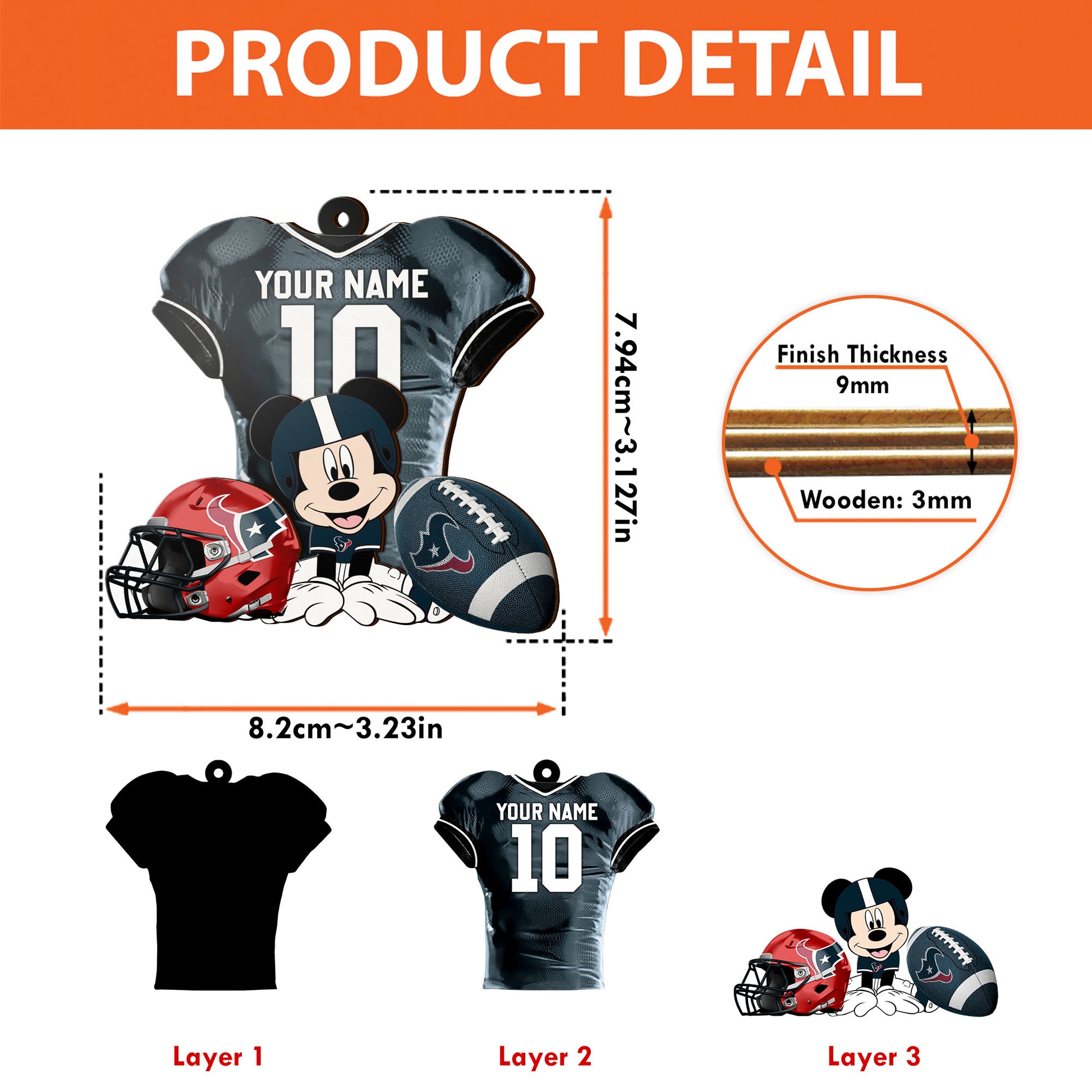 Houston Texans 3 Layered Piece Wooden Ornament Custom Your Name And Number, Sport Team And MK Ornament, Sport Ornament, Fan Gifts EHIVM-52178