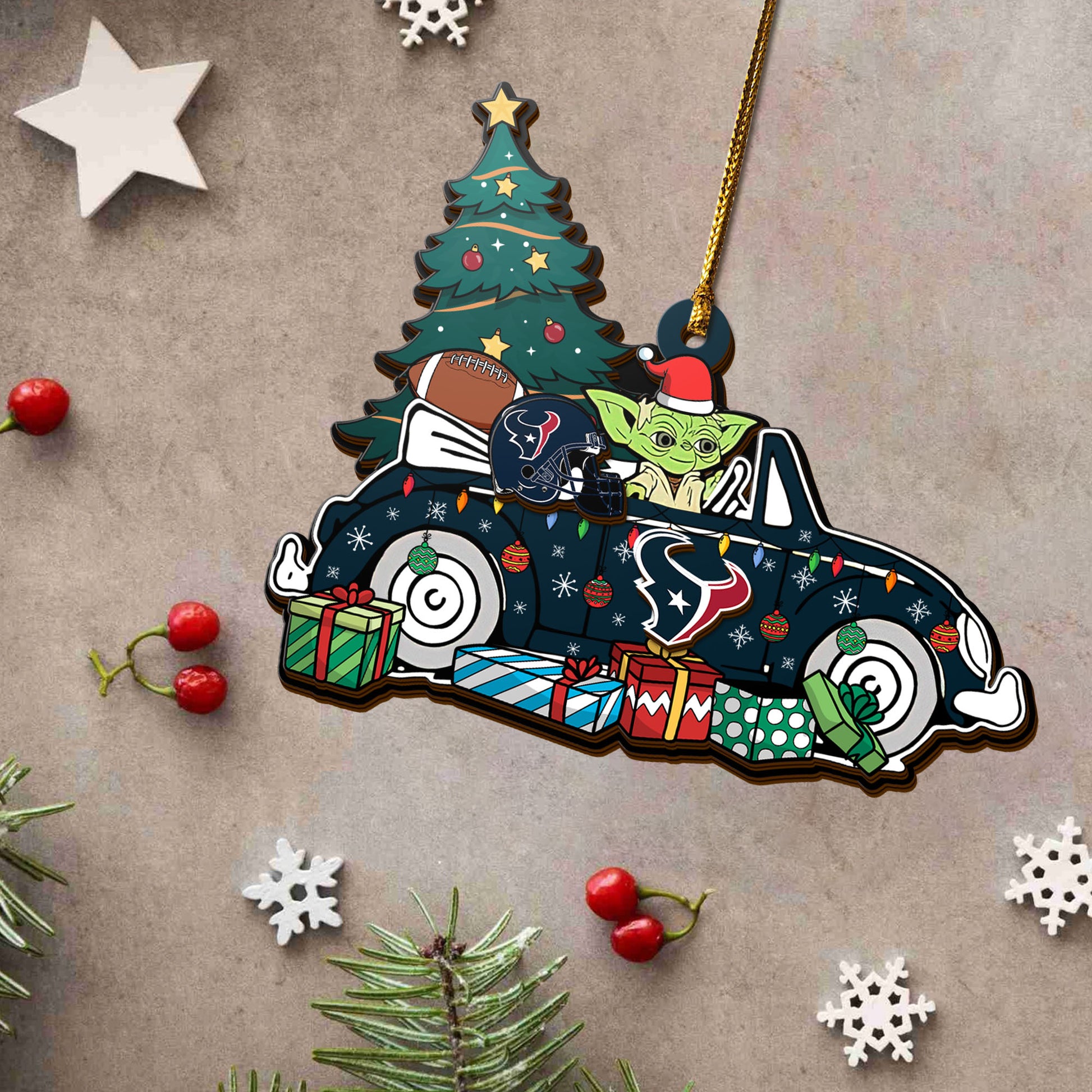 Houston Texans 3 Layered Piece Wooden Ornament, Sport And Baby Yoda Ornament, Fan Gifts, Hanging Decorations EHIVM-52325