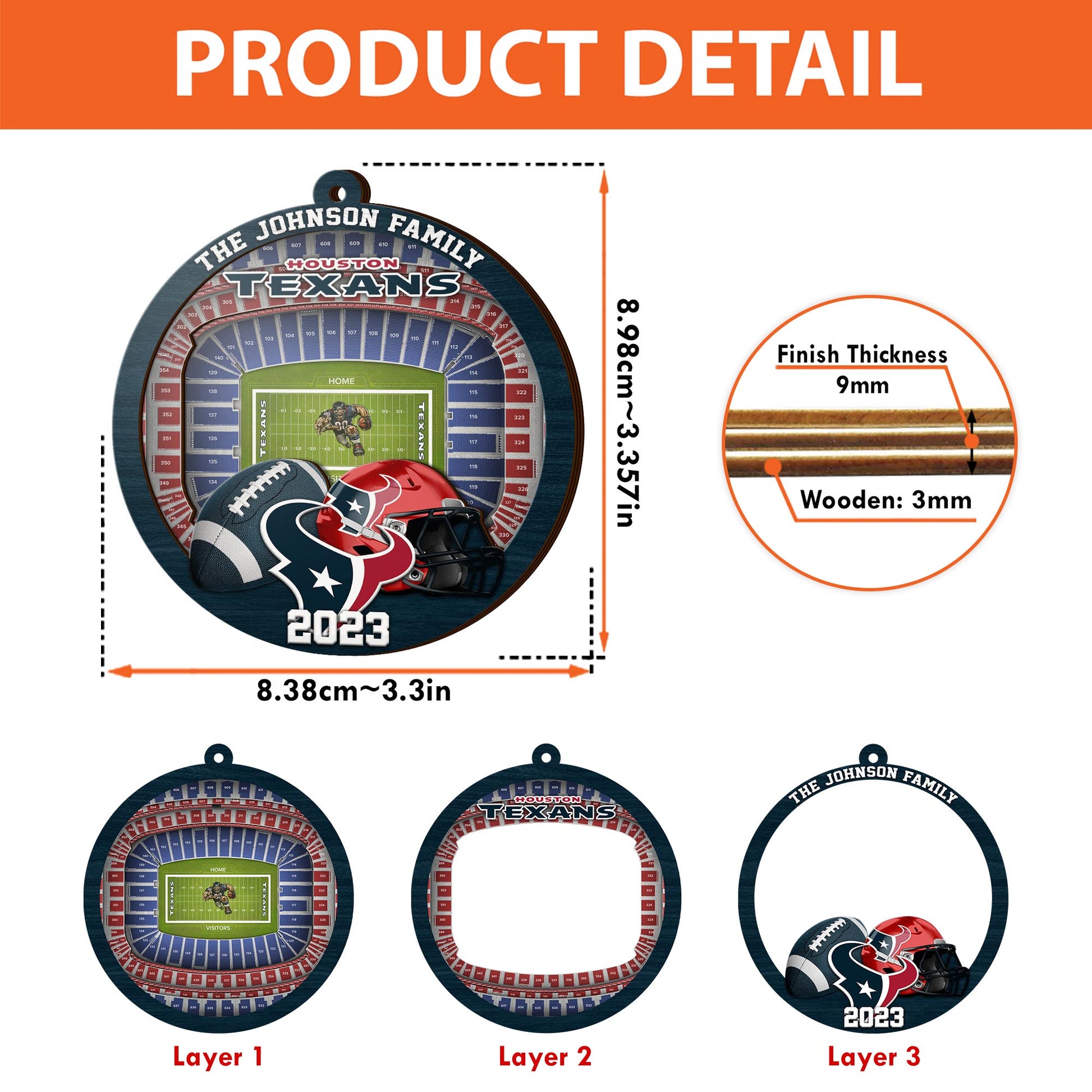 Houston Texans 3 Layered Piece Wooden Ornament Your Family Name And Year, Sport Ornament, Fan Gifts, Hanging Decoration EHIVM-52183