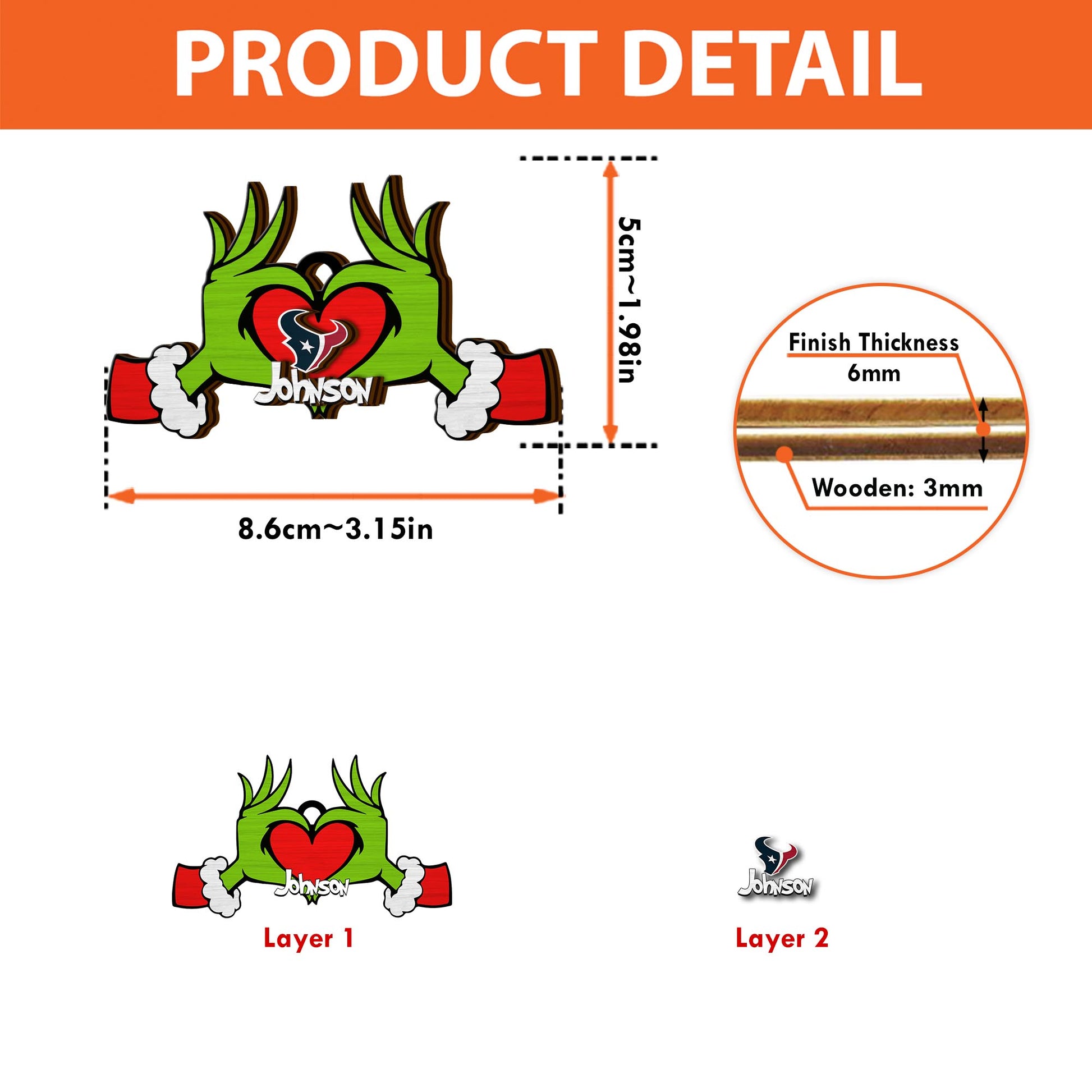 Houston Texans And GR 2 Layered Piece Wooden Ornament Custom Your Name, Sport Ornament, Sport Home Decorations , Sport Gifts ETRG-52188