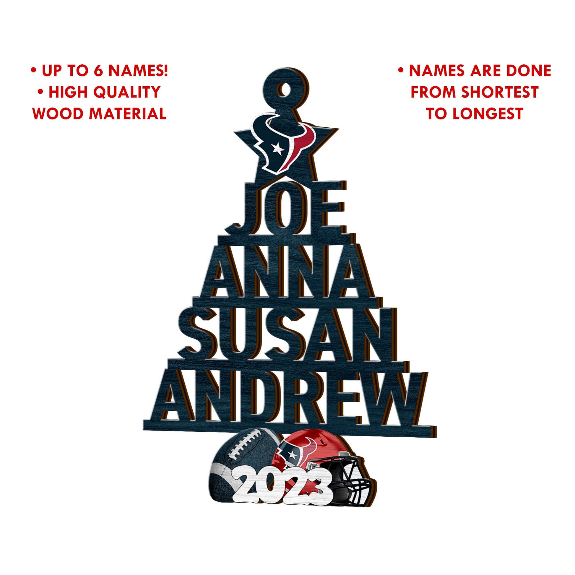 Houston Texans Car Ornament Custom Names And Choose Number Of Names, Sport Team And Christmas Tree Ornament ETRG-52189