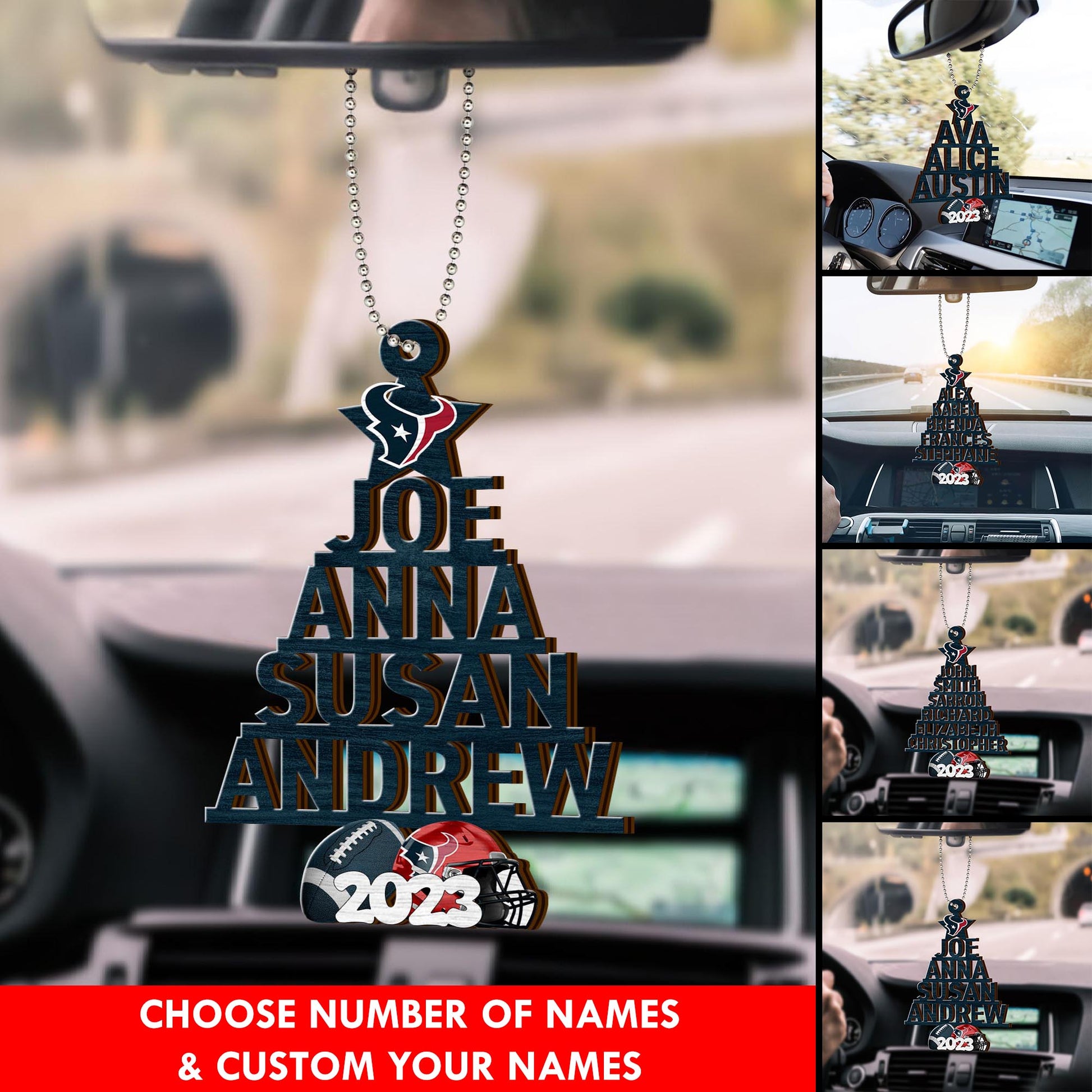 Houston Texans Car Ornament Custom Names And Choose Number Of Names, Sport Team And Christmas Tree Ornament ETRG-52189