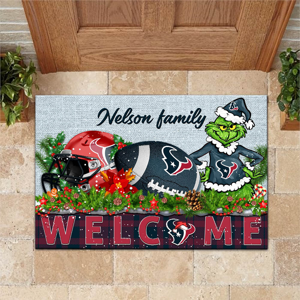 Houston Texans Football Team Doormat Personalized Your Family Name, Sport And Grinch Doormat, Football Lovers Gifts, Home Decorations ETHY-53152
