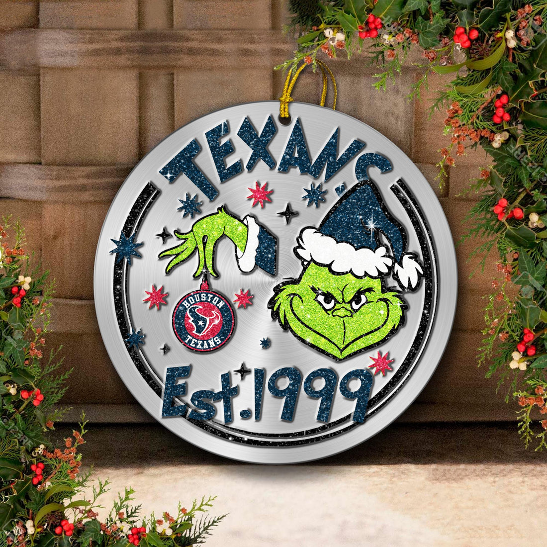 Houston Texans Grinch Circle Aluminium Ornament 2 Side Trending New Arrivals H52900 ETUG311023