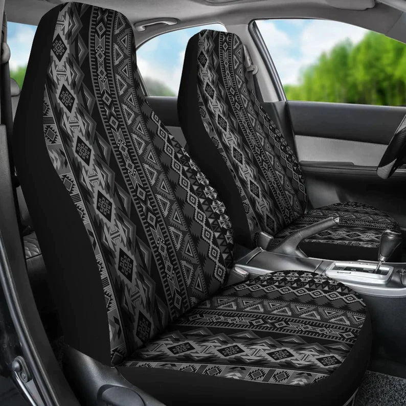 Grey, Black Aztec Tribal Ethnic Pattern Car Seat Covers Pair, Front Seat Covers