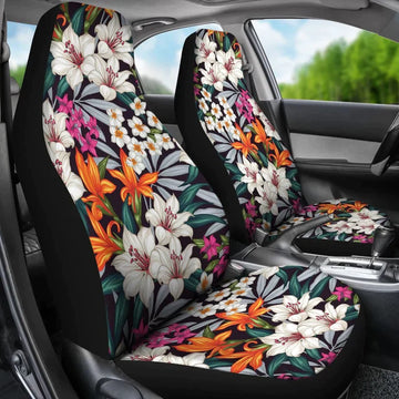 White, Orange, Pink Bright Colored Tropical Flower Pattern Car Seat Covers