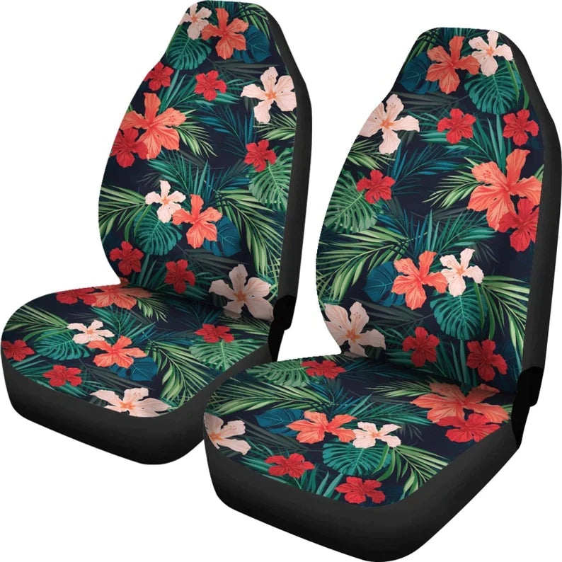 Pink Red Coral Bright Colored Tropical Flowers and Leaves Aloha Car Seat Covers