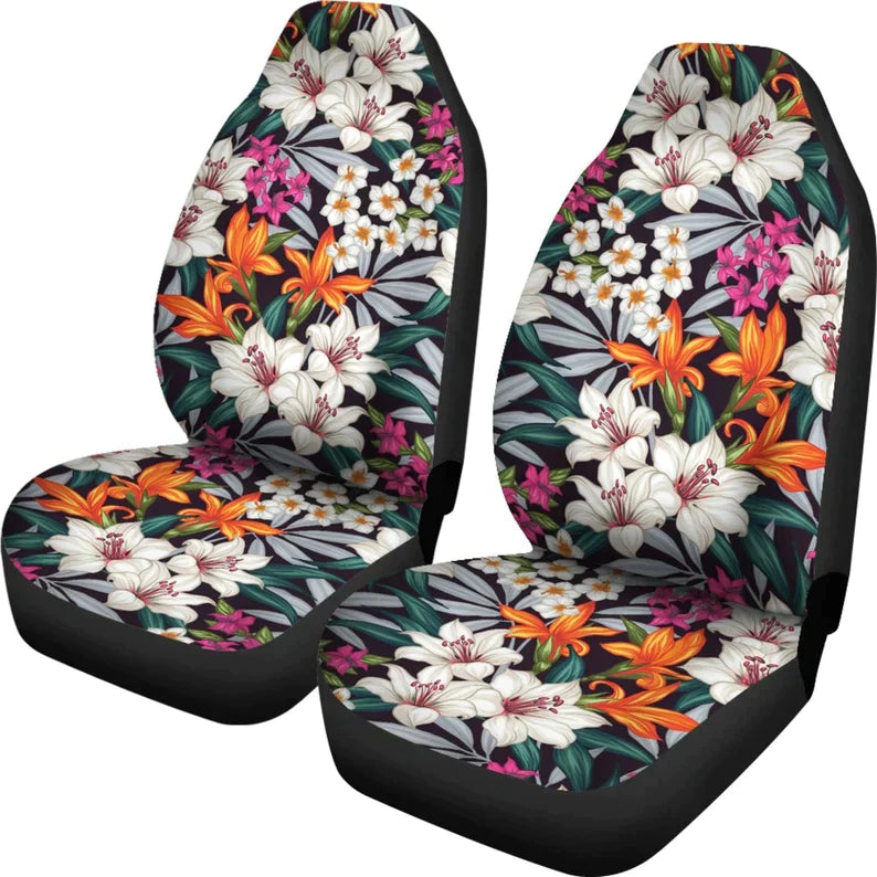 White, Orange, Pink Bright Colored Tropical Flower Pattern Car Seat Covers