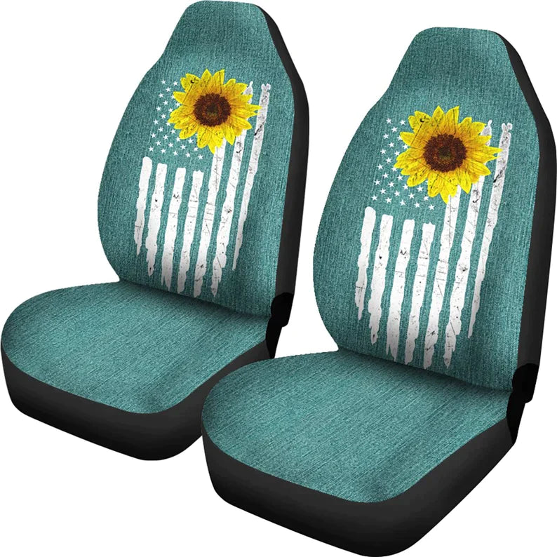Distressed American Flag With Rustic Sunflower on Turquoise Jean Faux Denim Car Seat Covers