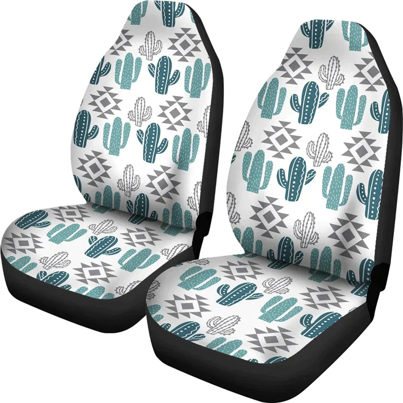 Cactus Car Seat Covers Teal, Gray, White, Boho Southwestern Pattern