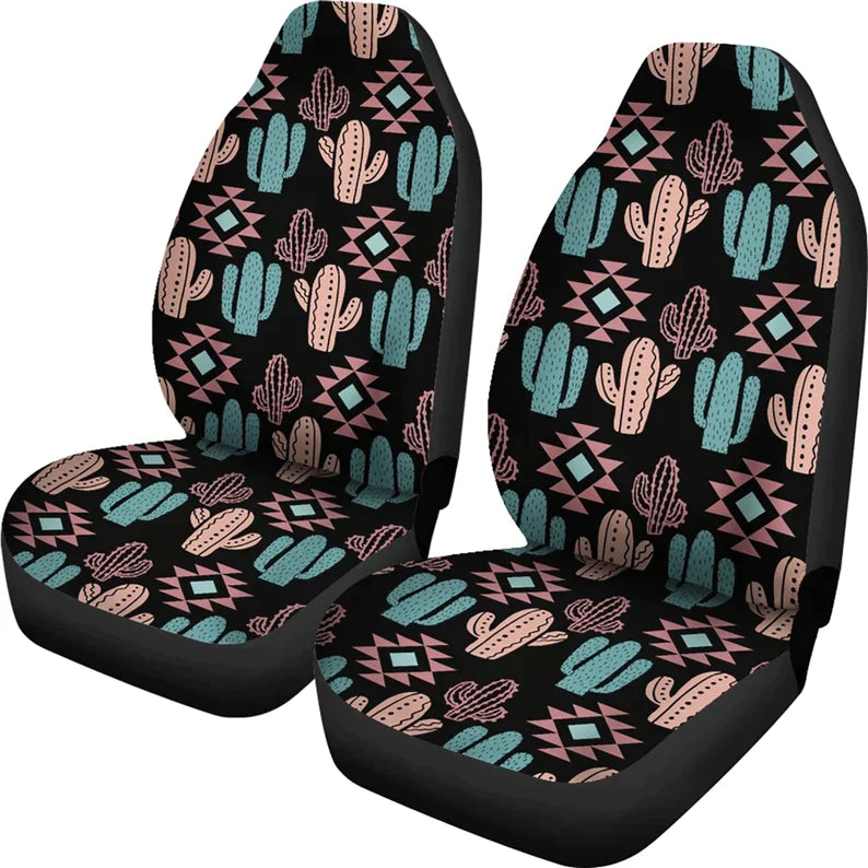 Cactus Car Seat Covers, Pastel Turquoise and Dusty Rose Boho Southwestern Pattern on Black