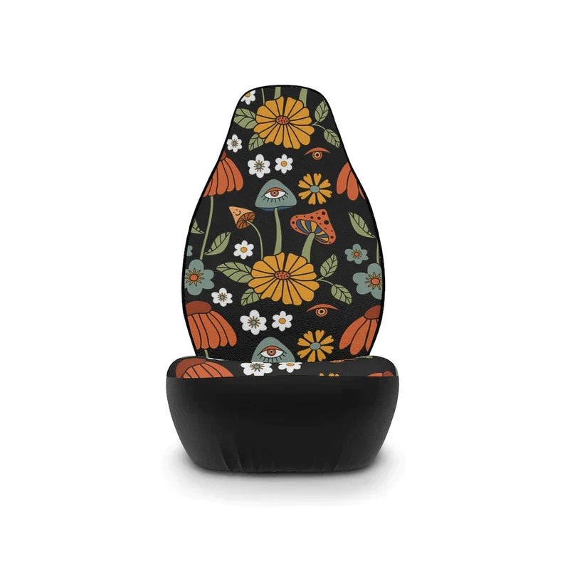 Dark Cottagecore Mushroom Car Seat Cover For Women, Retro Boho Floral Seat Cover, Black Seat Cover For Vehicle