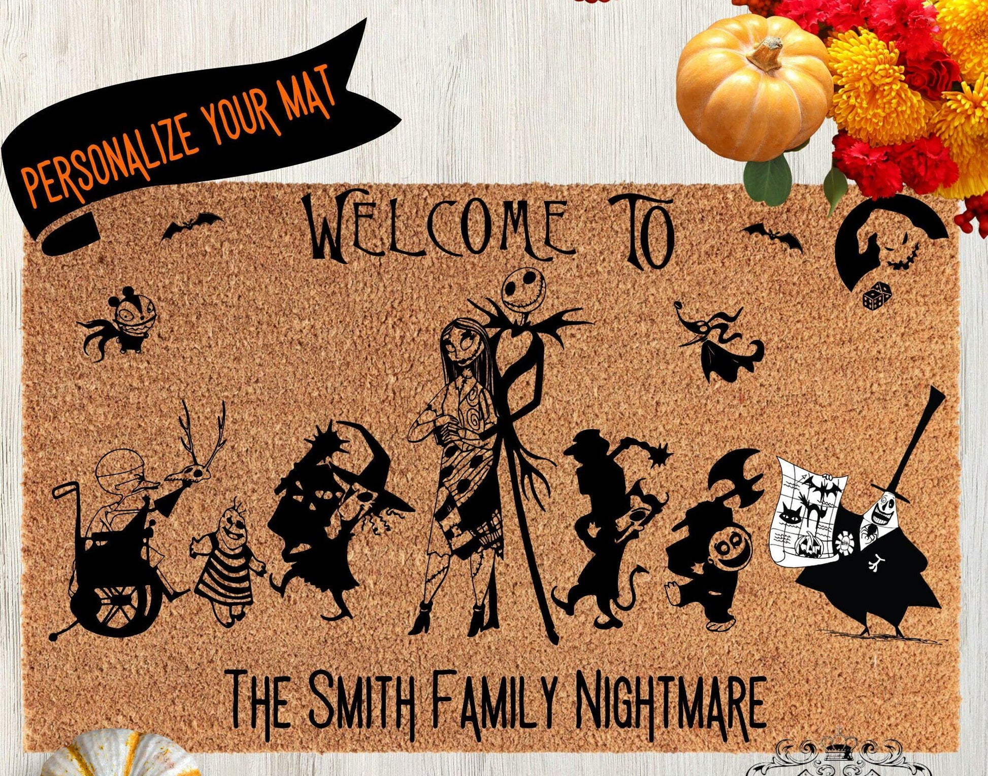 Personalized Nightmare Jack and Sally Halloween Doormat Disney Front Door, Home Décor_PHG