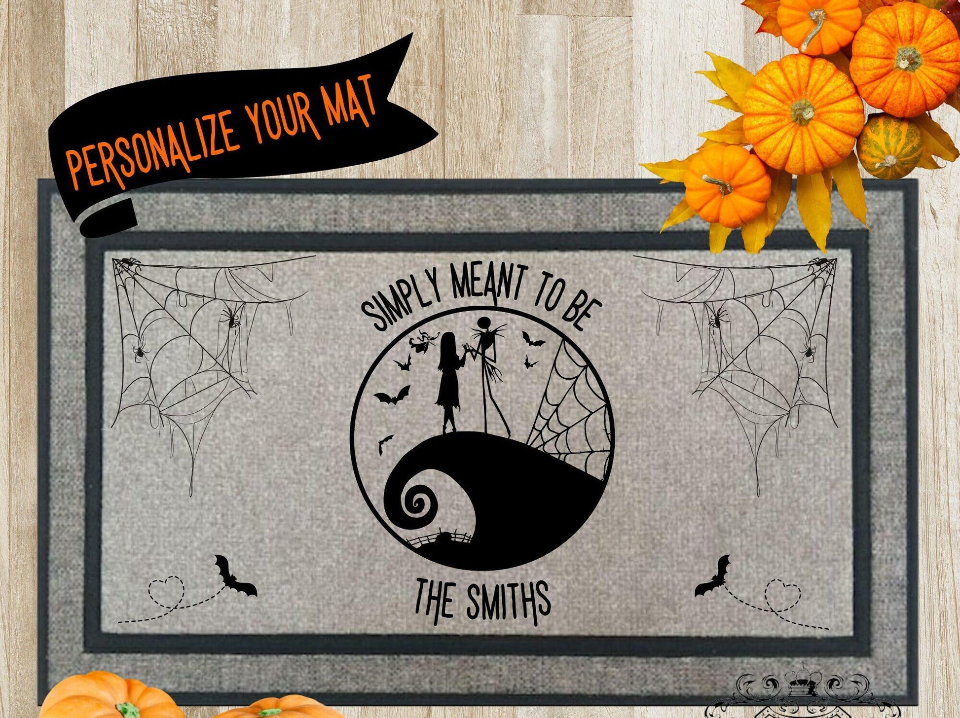 Personalized Jack and Sally Simply Meant To Be Halloween Doormat Disney Front Door, Home Décor_PHG