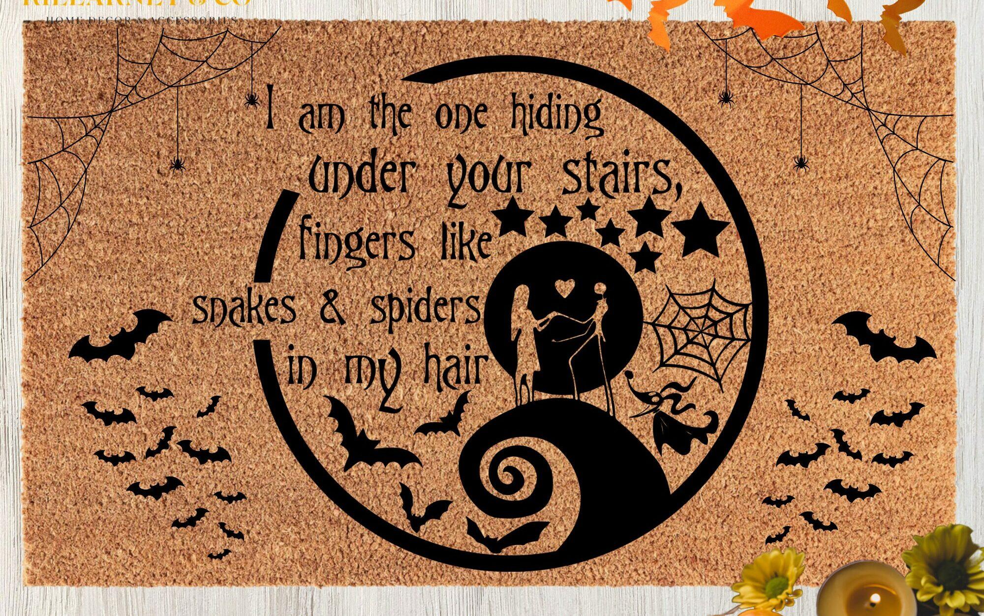 Jack and Sally Hiding Under Stairs Halloween Doormat Disney Front Door, Home Décor_PHG