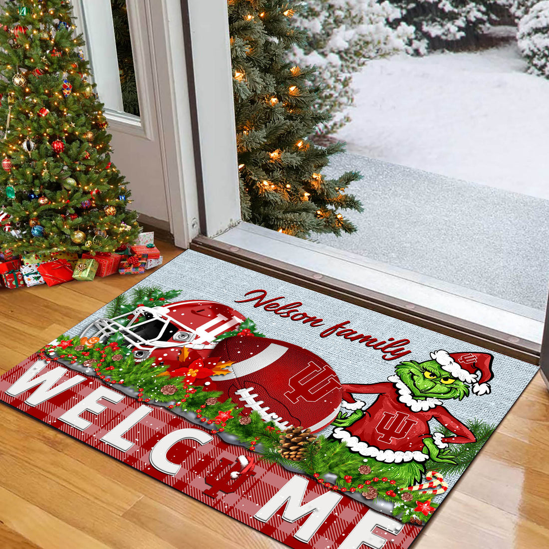 Indiana Hoosiers Football Team Doormat Personalized Your Family Name, Sport And Grinch Doormat, Football Lovers Gifts, Home Decorations ETHY-53152