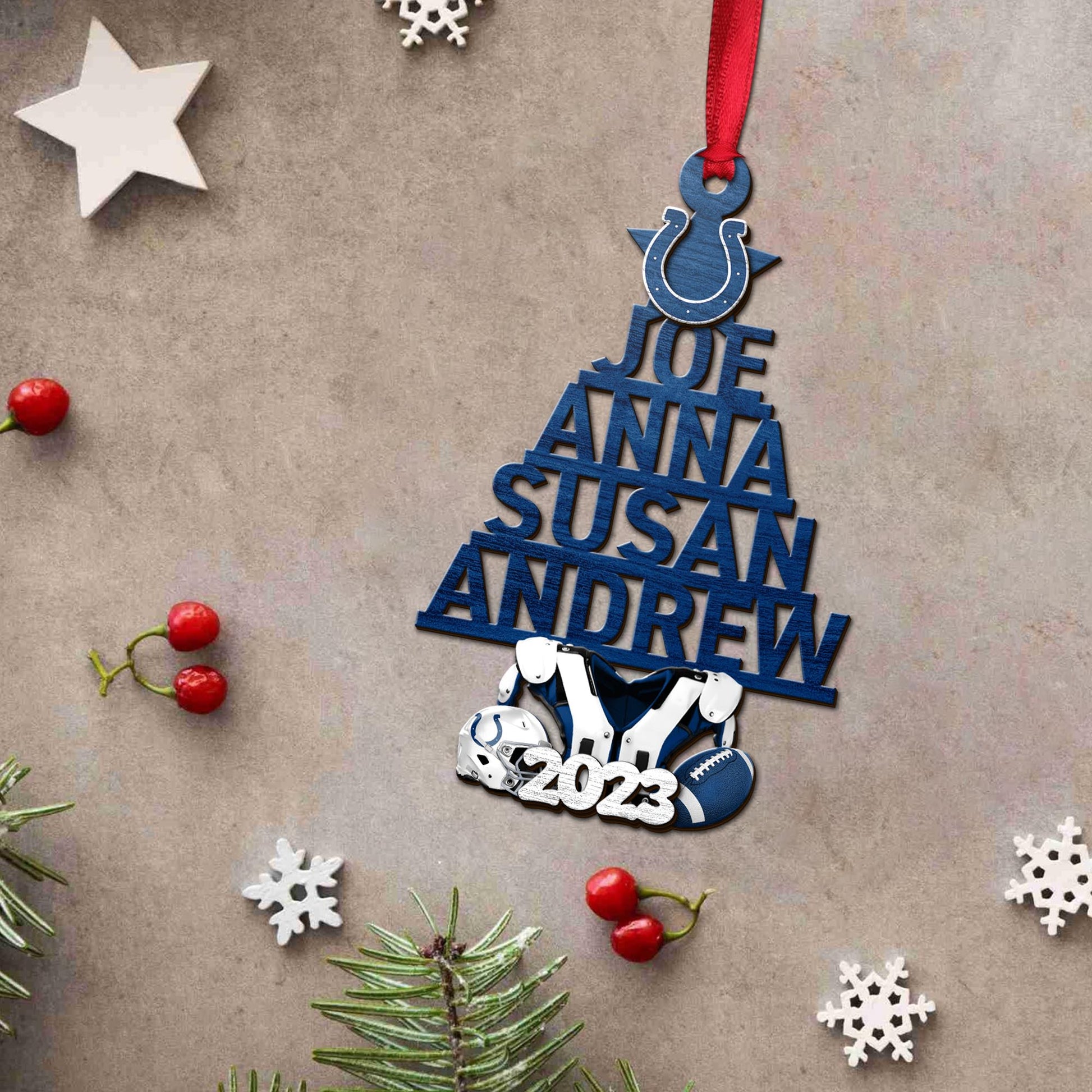 Indianapolis Colts 2 Layered Piece Wooden Ornament Custom Names And Choose Number Of Names, Sport Team And Christmas Tree Ornament ETRG-52211