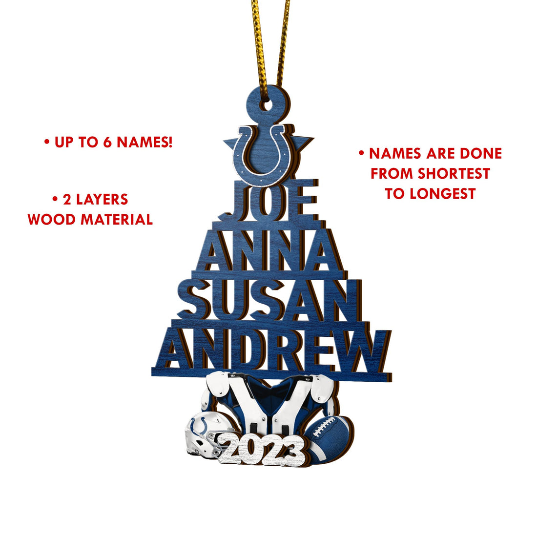 Indianapolis Colts 2 Layered Piece Wooden Ornament Custom Names And Choose Number Of Names, Sport Team And Christmas Tree Ornament ETRG-52211