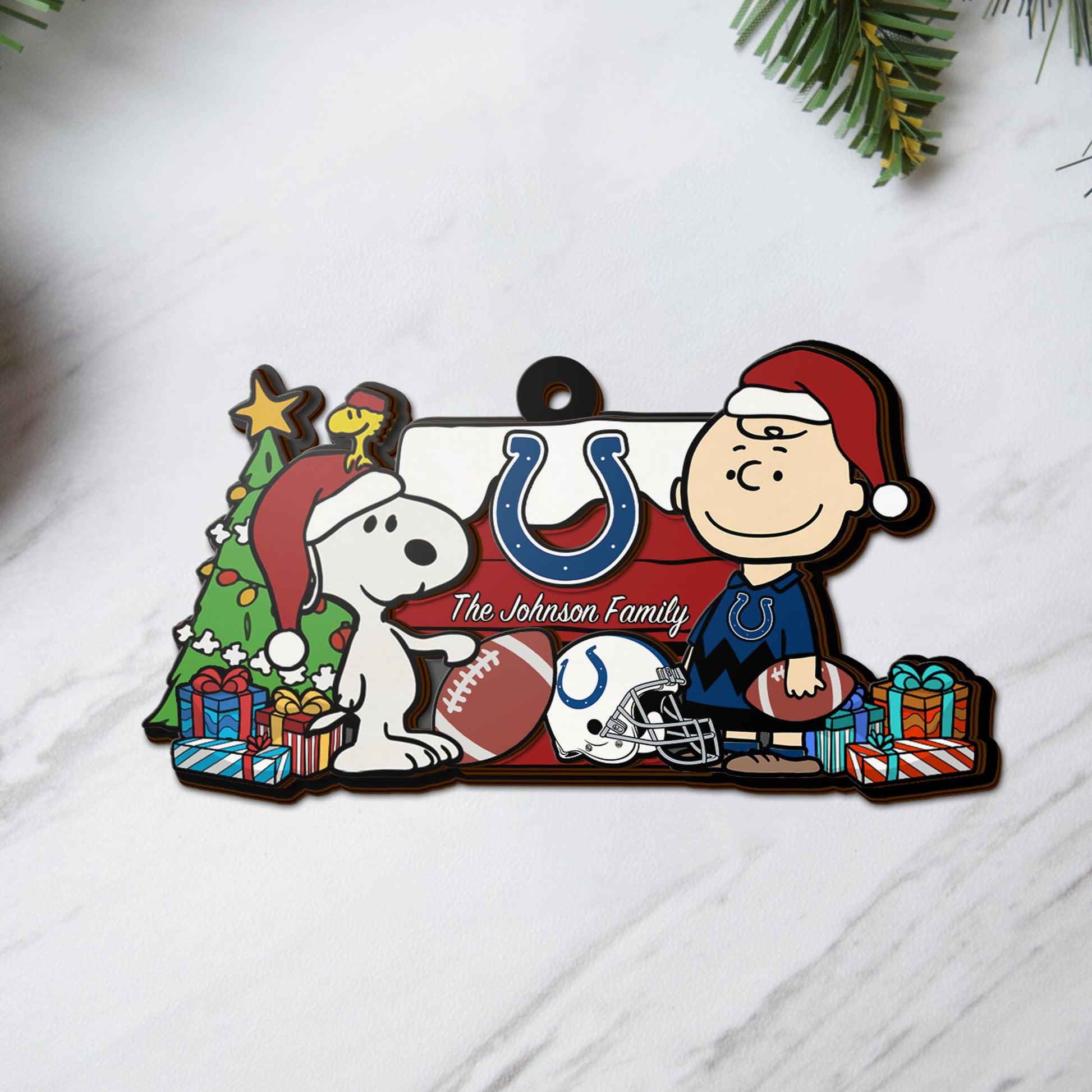 Indianapolis Colts 3 Layered Piece Wooden Ornament Custom Your Family Name, SN And Charlie Brown Ornament, Gift For Sport Lovers, Sport Hanging Decorations EHIVM-52349