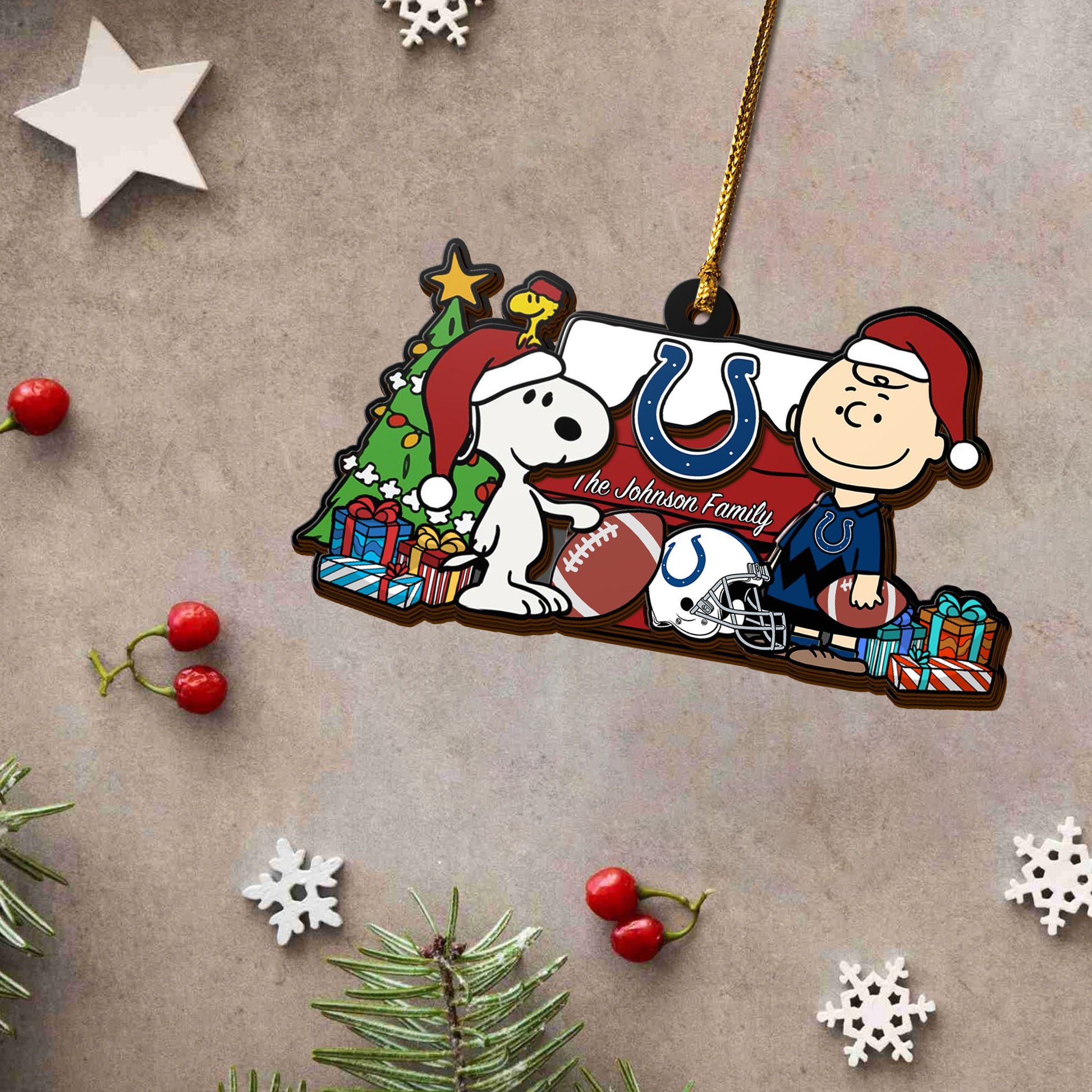 Indianapolis Colts 3 Layered Piece Wooden Ornament Custom Your Family Name, SN And Charlie Brown Ornament, Gift For Sport Lovers, Sport Hanging Decorations EHIVM-52349