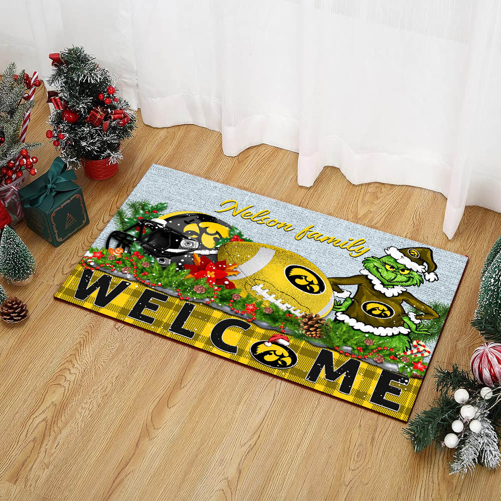 Iowa Hawkeyes Football Team Doormat Personalized Your Family Name, Sport And Grinch Doormat, Football Lovers Gifts, Home Decorations ETHY-53152