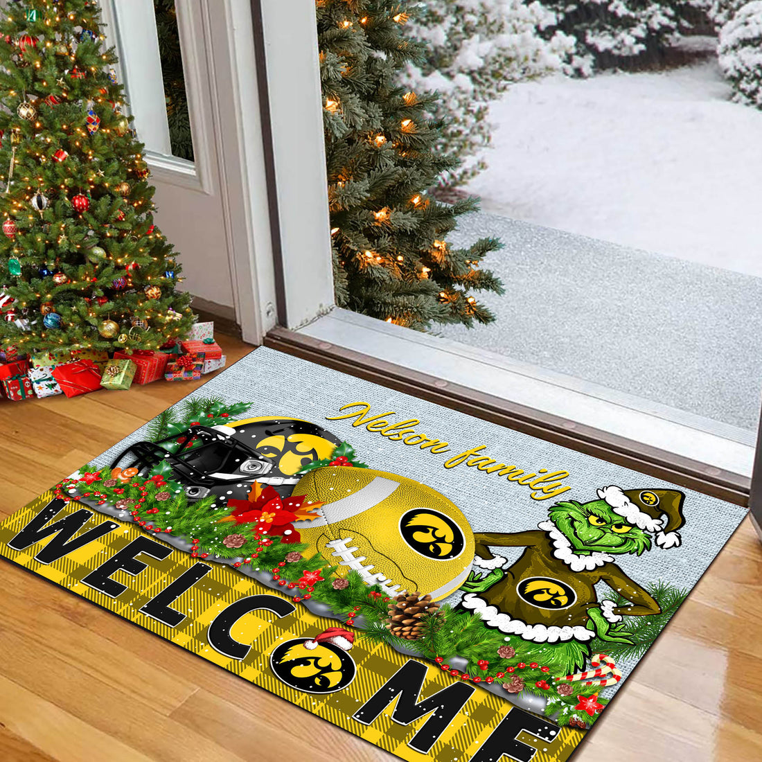 Iowa Hawkeyes Football Team Doormat Personalized Your Family Name, Sport And Grinch Doormat, Football Lovers Gifts, Home Decorations ETHY-53152