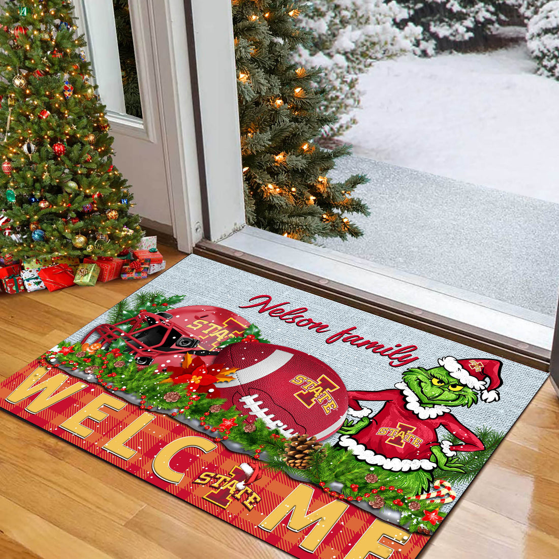 Iowa State Cyclones Football Team Doormat Personalized Your Family Name, Sport And Grinch Doormat, Football Lovers Gifts, Home Decorations ETHY-53152