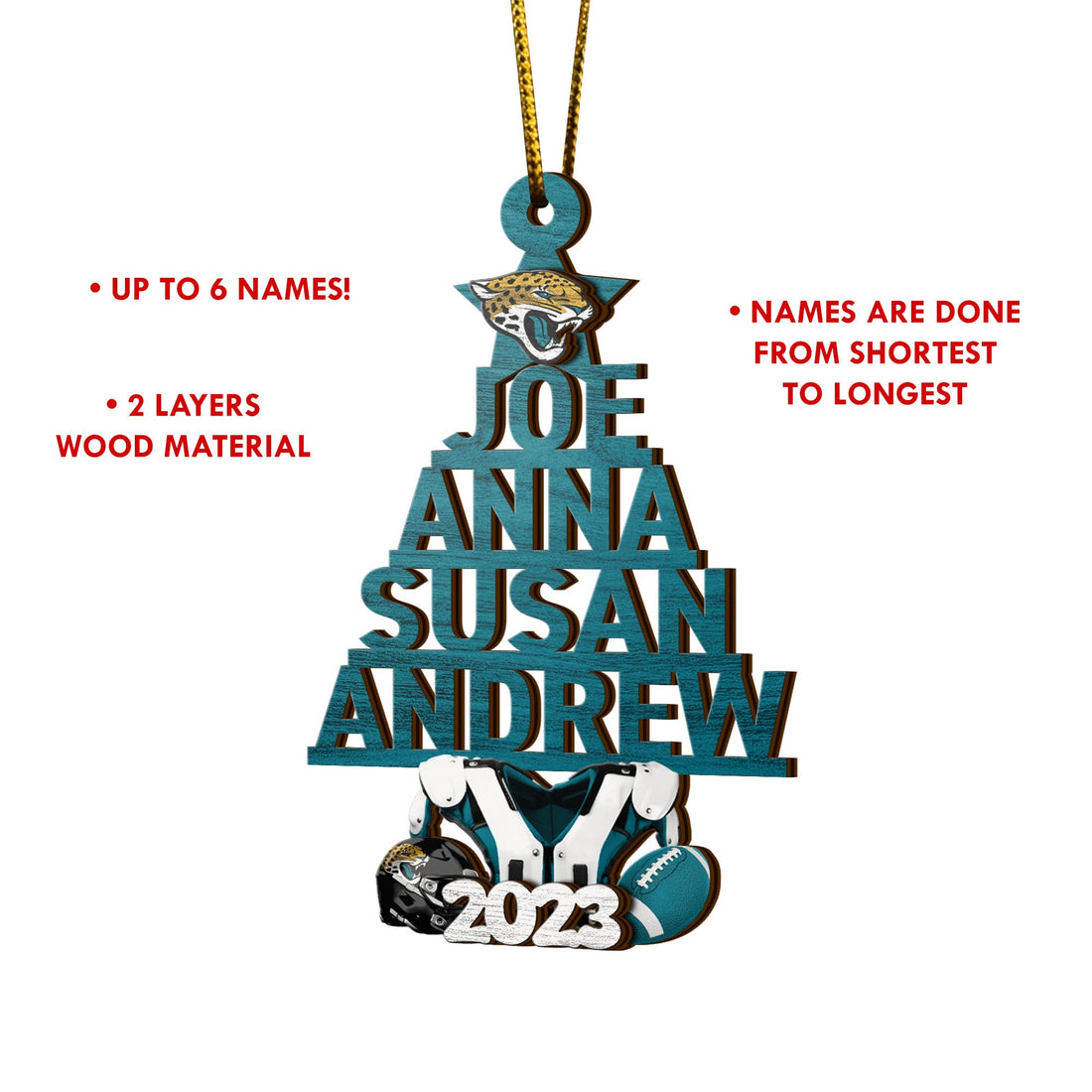 Jacksonville Jaguars 2 Layered Piece Wooden Ornament Custom Names And Choose Number Of Names, Sport Team And Christmas Tree Ornament ETRG-52211