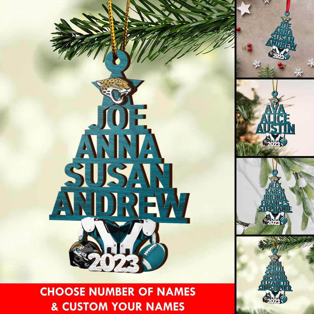 Jacksonville Jaguars 2 Layered Piece Wooden Ornament Custom Names And Choose Number Of Names, Sport Team And Christmas Tree Ornament ETRG-52211