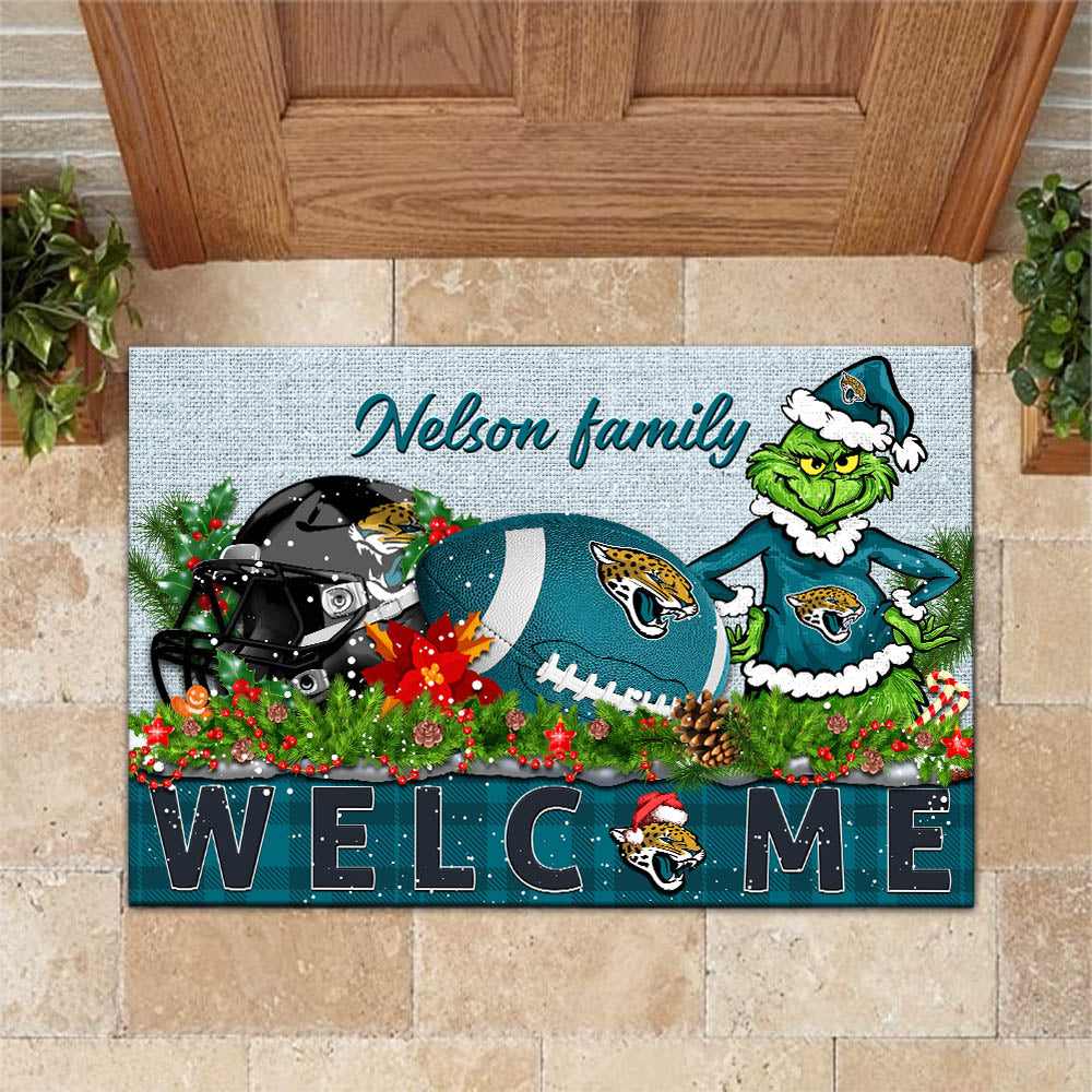 Jacksonville Jaguars Football Team Doormat Personalized Your Family Name, Sport And Grinch Doormat, Football Lovers Gifts, Home Decorations ETHY-53152