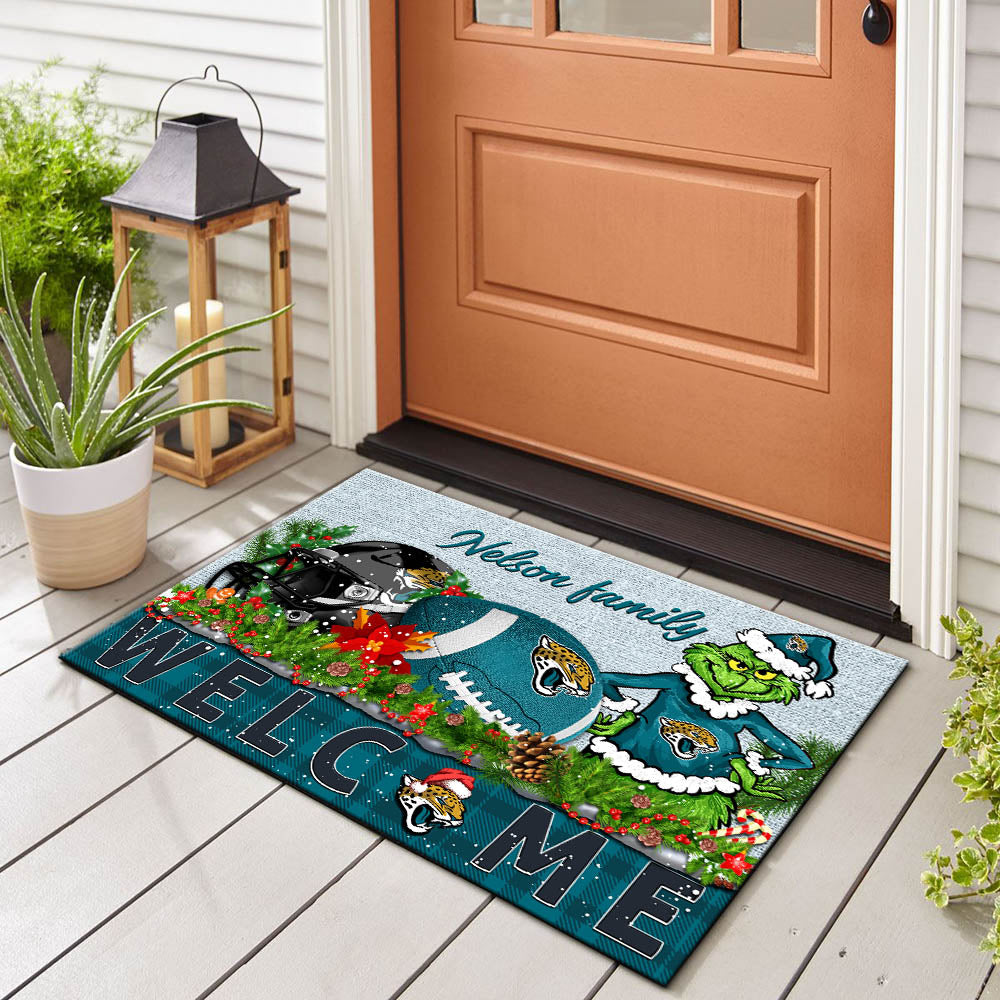 Jacksonville Jaguars Football Team Doormat Personalized Your Family Name, Sport And Grinch Doormat, Football Lovers Gifts, Home Decorations ETHY-53152
