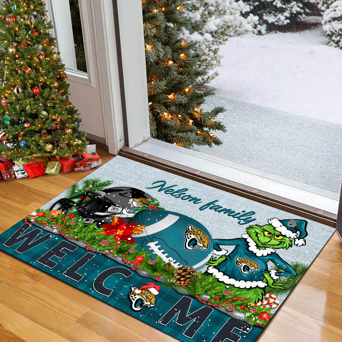 Jacksonville Jaguars Football Team Doormat Personalized Your Family Name, Sport And Grinch Doormat, Football Lovers Gifts, Home Decorations ETHY-53152