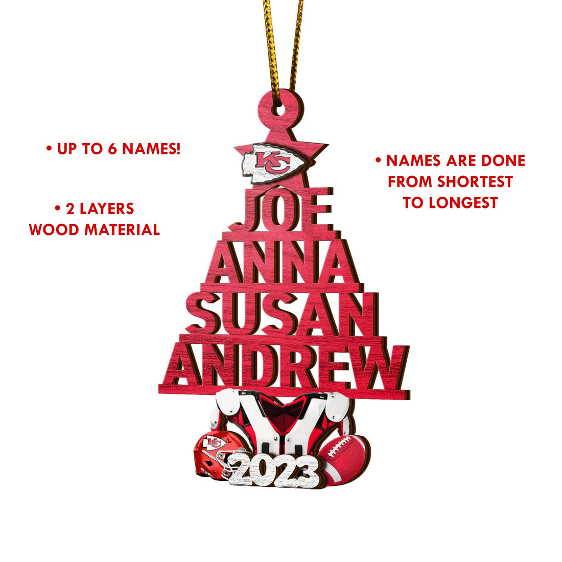 Kansas City Chiefs 2 Layered Piece Wooden Ornament Custom Names And Choose Number Of Names, Sport Team And Christmas Tree Ornament ETRG-52211