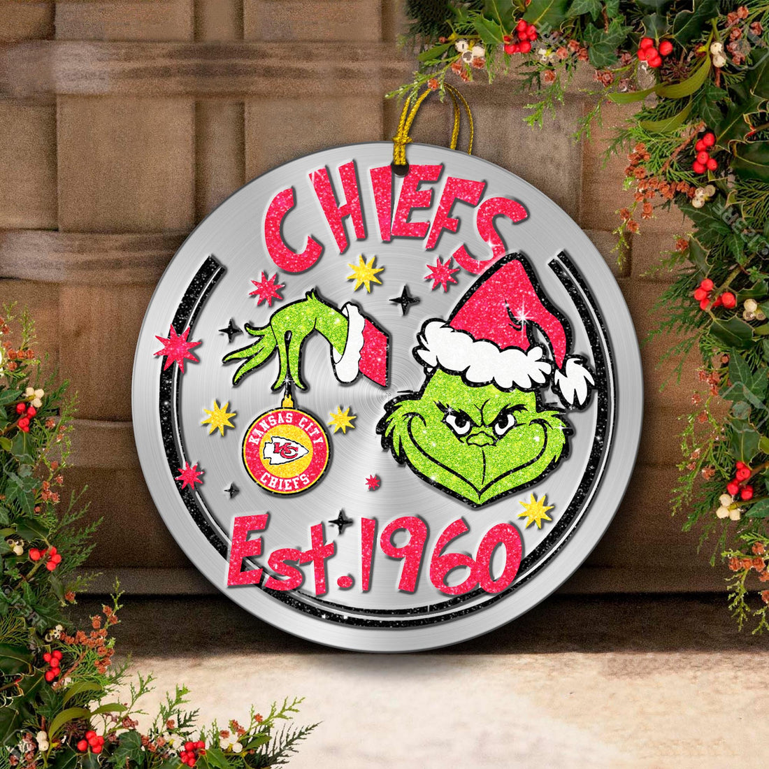 Kansas City Chiefs Grinch Circle Aluminium Ornament 2 Side Trending New Arrivals H52900 ETUG311023