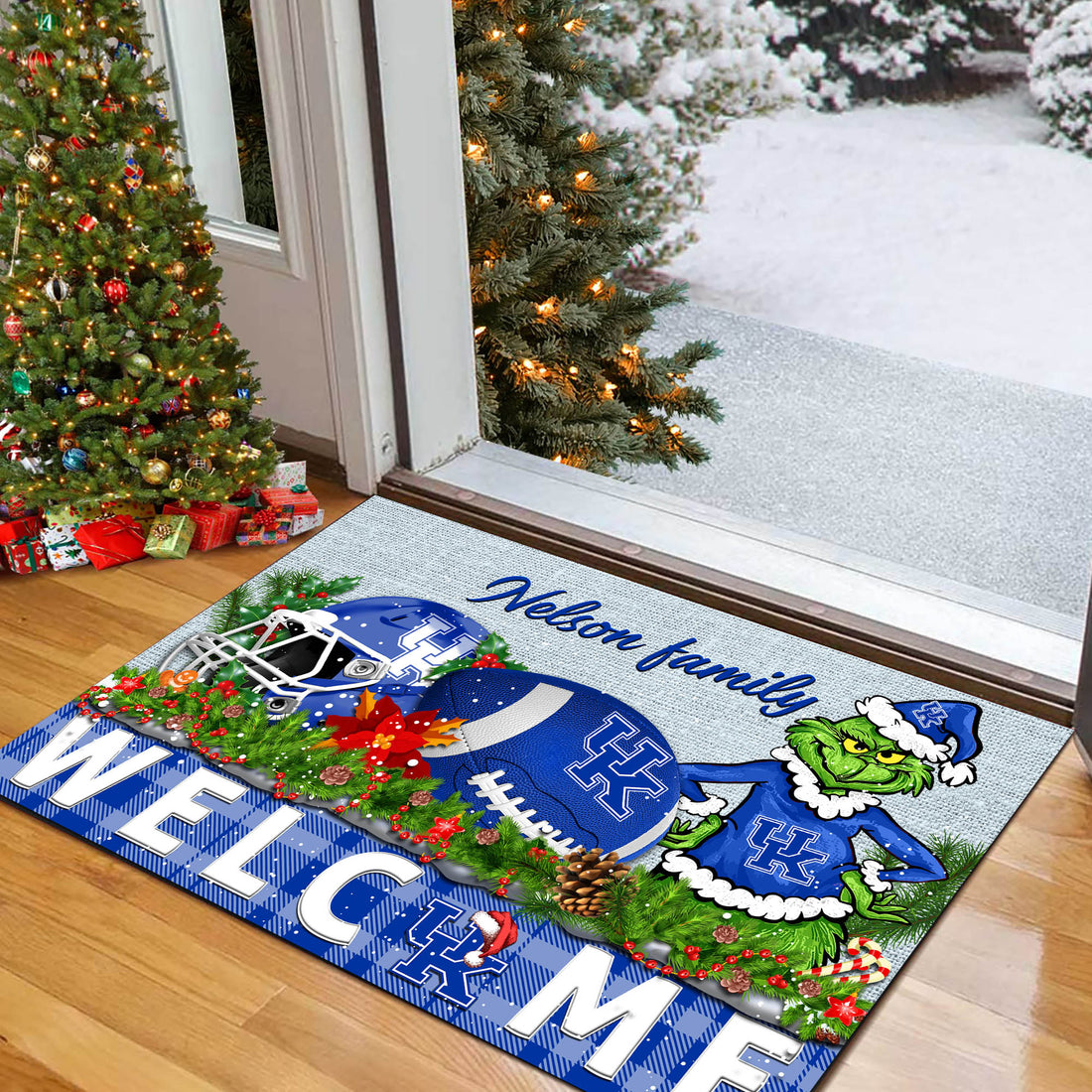 Kentucky Wildcats Football Team Doormat Personalized Your Family Name, Sport And Grinch Doormat, Football Lovers Gifts, Home Decorations ETHY-53152