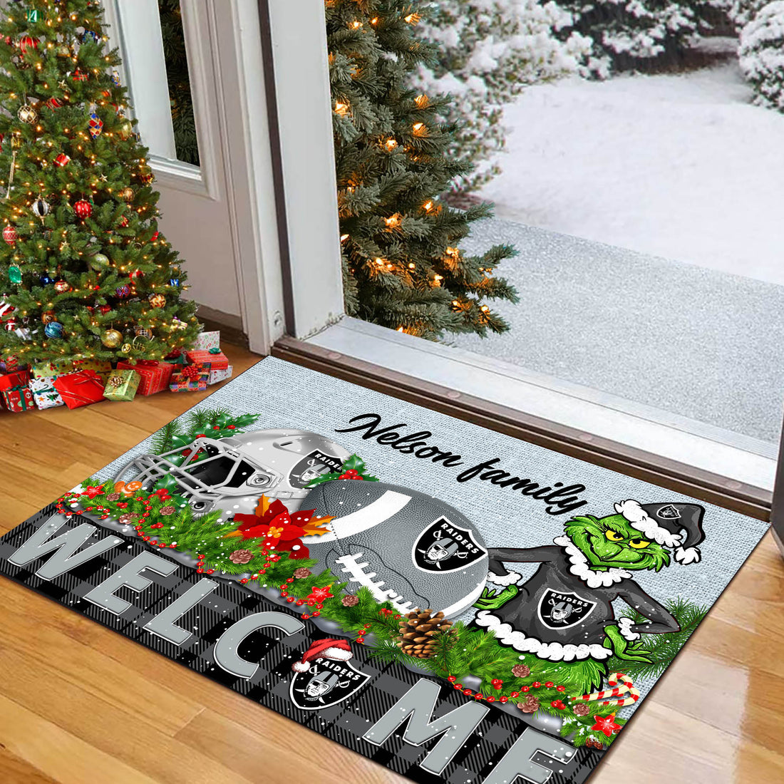 Las Vegas Raiders Football Team Doormat Personalized Your Family Name, Sport And Grinch Doormat, Football Lovers Gifts, Home Decorations ETHY-53152